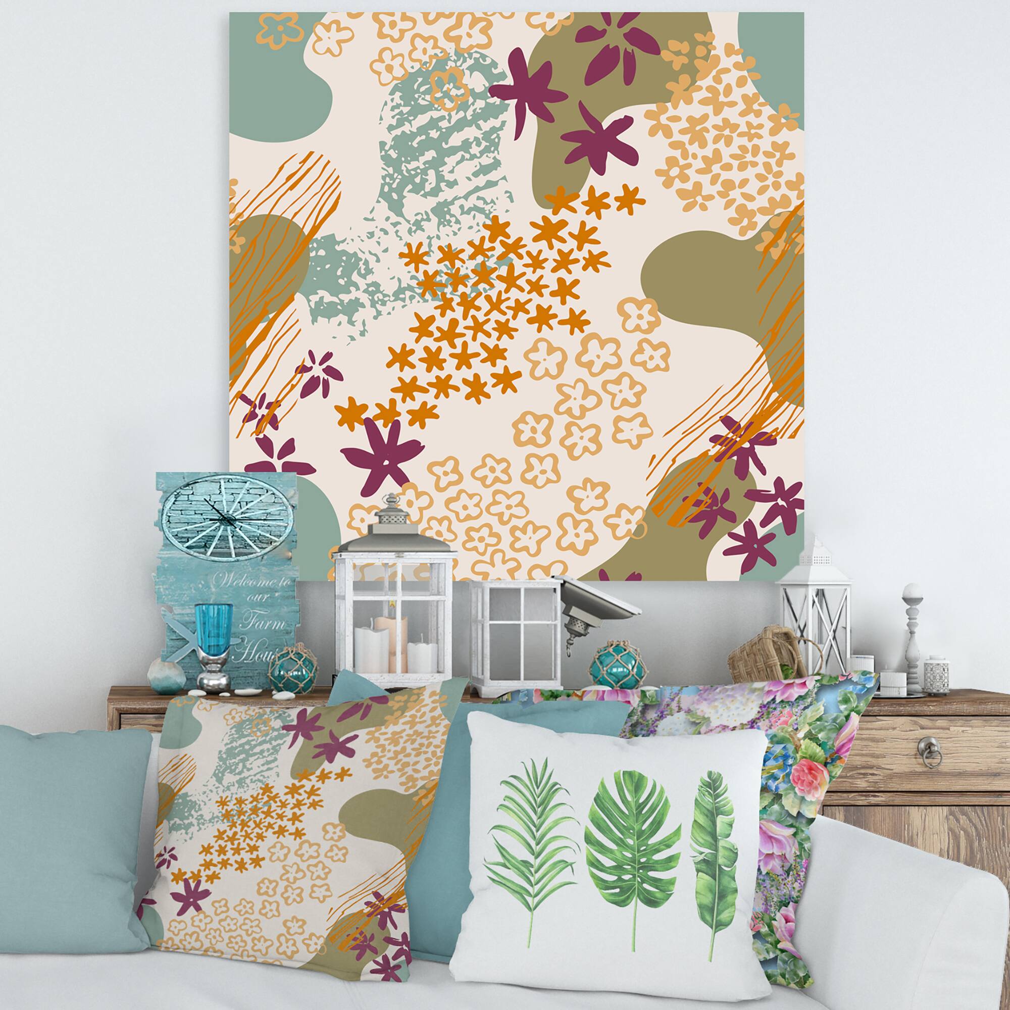 Designart - Flowers Silhouettes and Fluid Shapes - Modern Canvas Wall Art Print