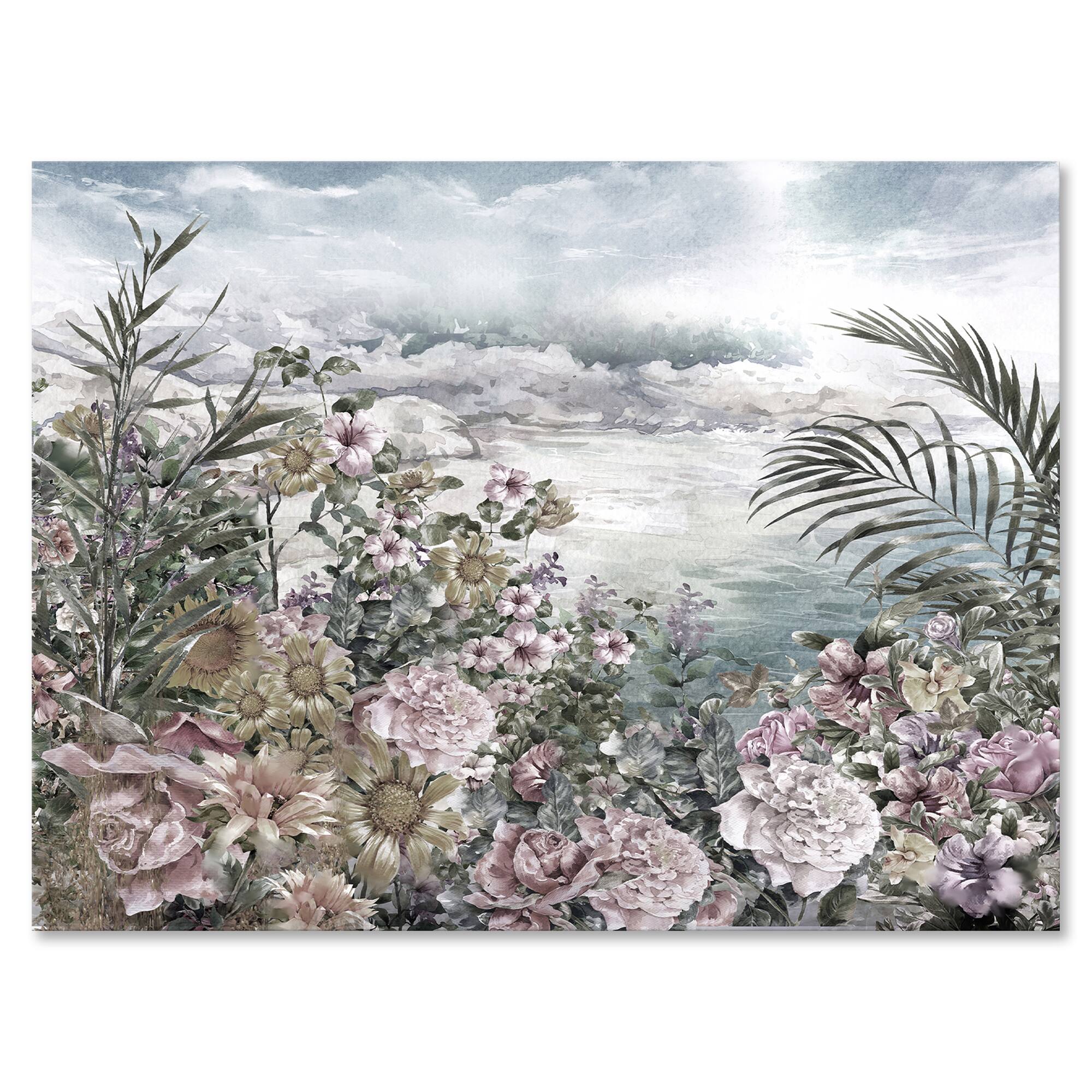 Designart - Retro Flowers By The Sea Side - Vintage Canvas Wall Art Print