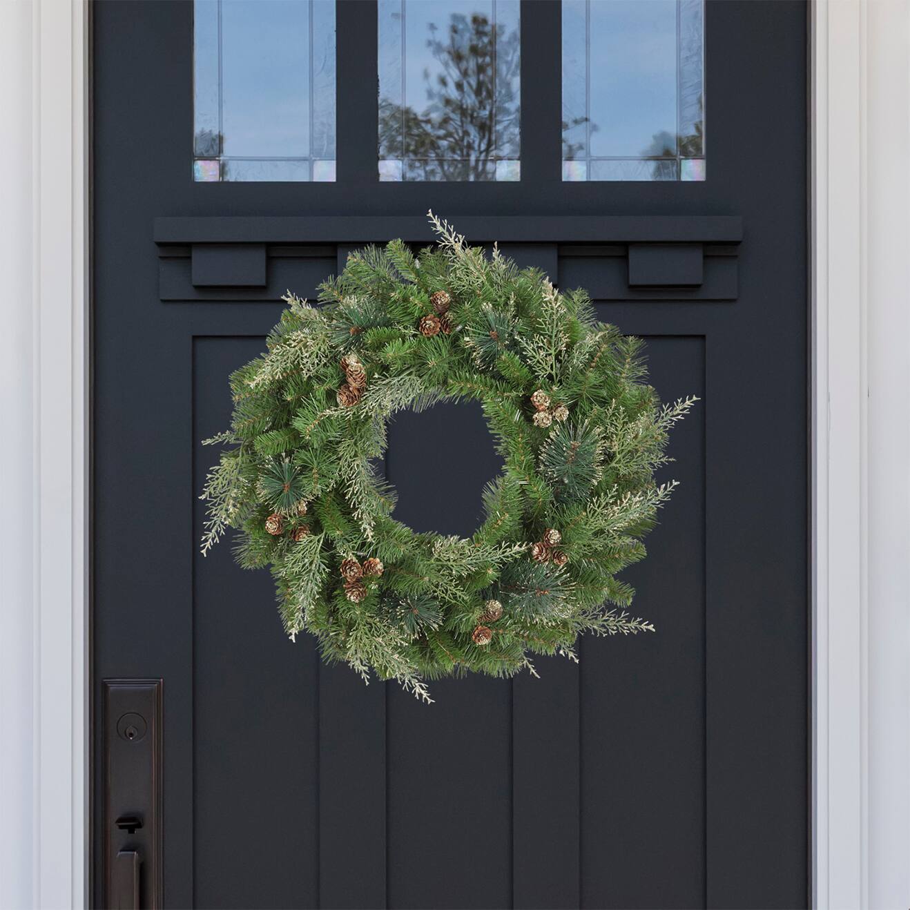 Haute Decor 24&#x22; Pre-Lit Bergen Pine Gold Accents Wreath, Soft White LED Lights