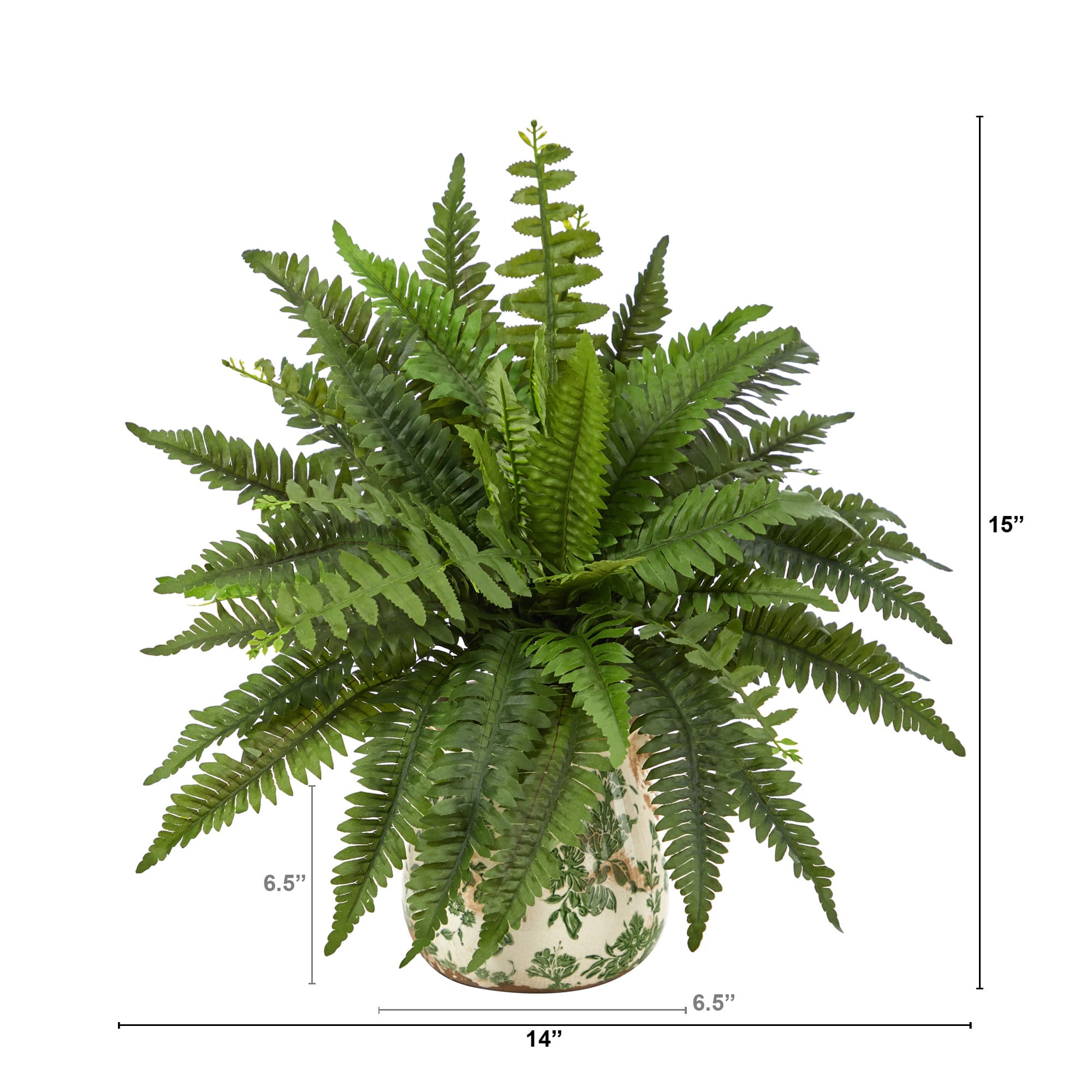 15" Boston Fern Artificial Plant with Tuscan Ceramic Green Scroll Planter