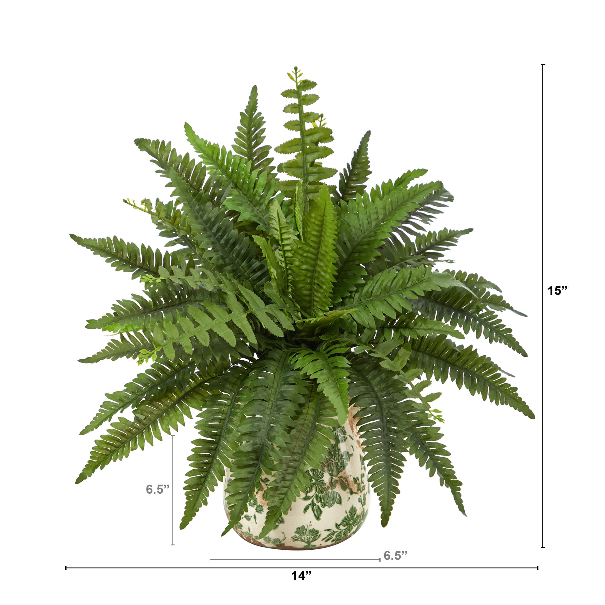 15&#x22; Boston Fern Artificial Plant with Tuscan Ceramic Green Scroll Planter