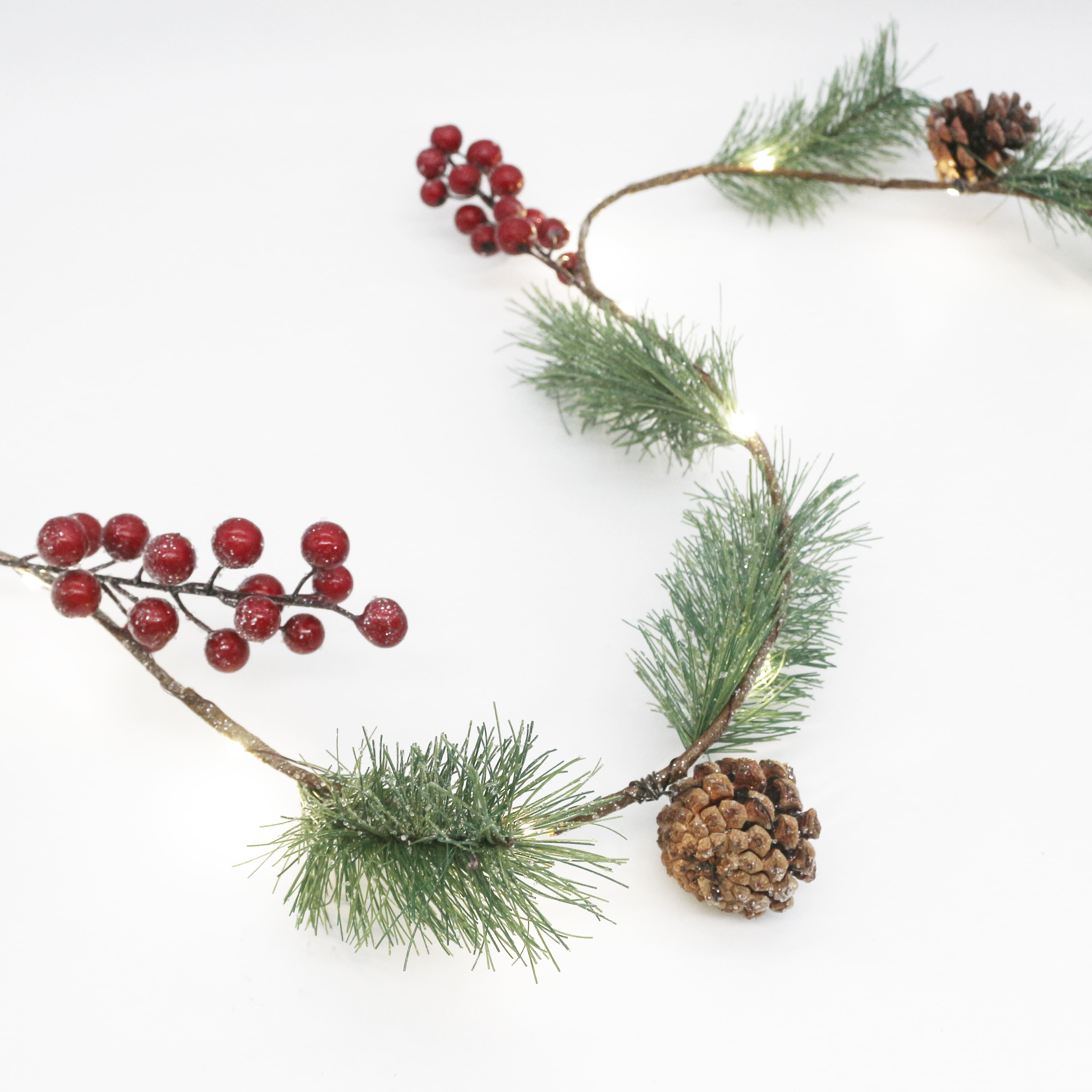 15ct. Warm White LED Iced Pine & Red Berry Garland String Lights on Brown Wire by Ashland®