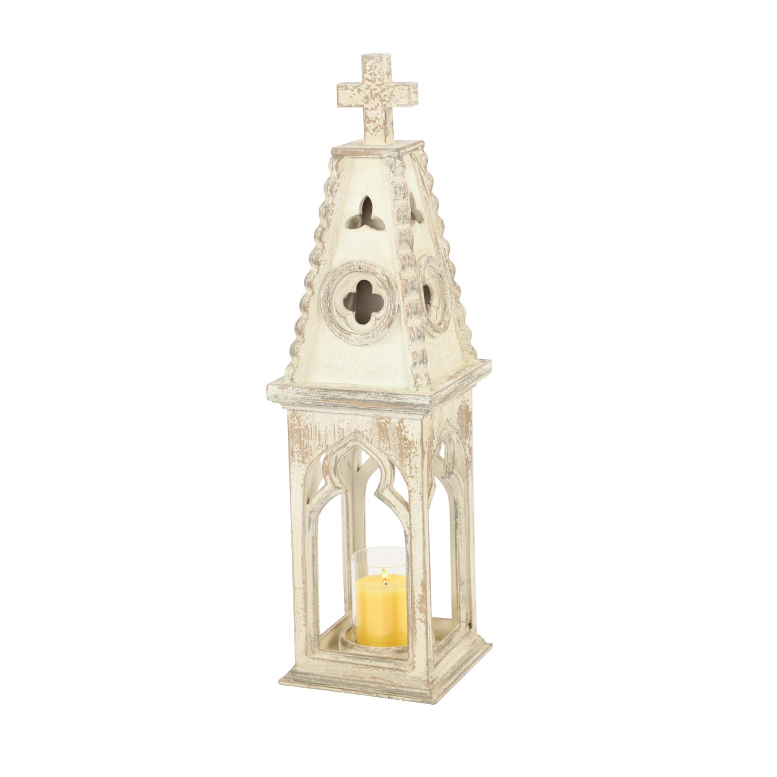 White Wood Vintage Candle Holder Lantern, 28" x 8" x 8"
