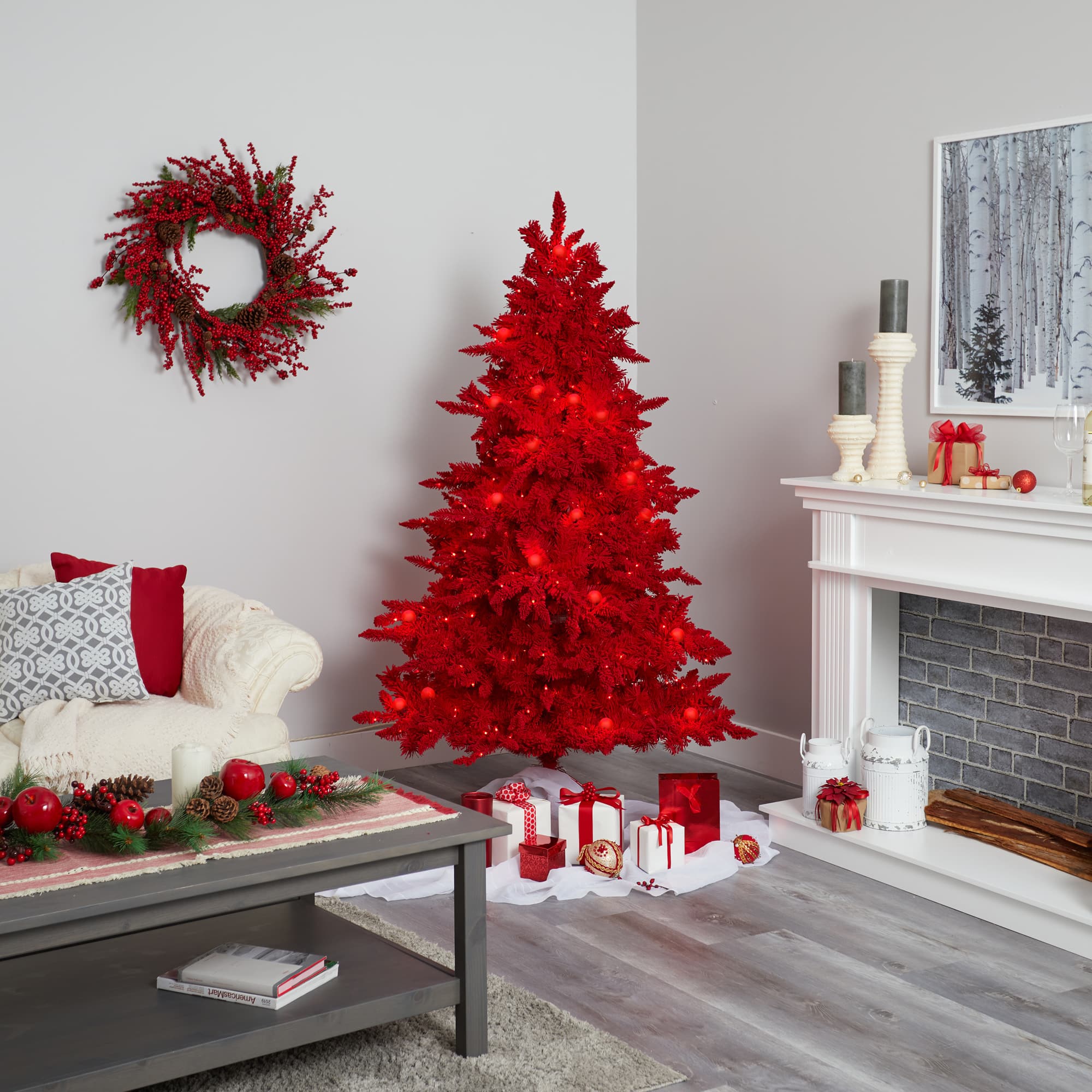 6ft. Pre-Lit Red Fraser Fir Artificial Christmas Tree, Red Lights
