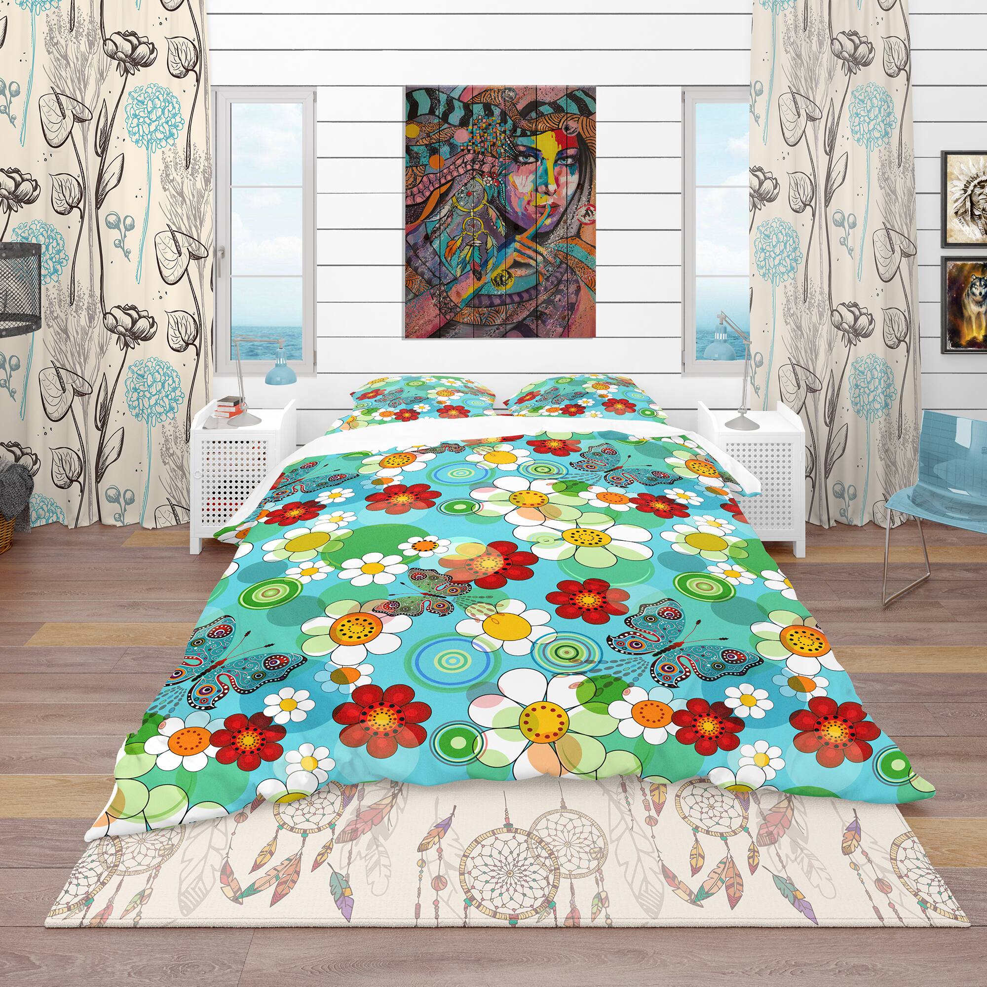 Designart &#x27;Vivid Blue Floral Pattern&#x27; Bohemian &#x26; Eclectic Bedding Set - Duvet Cover &#x26; Shams