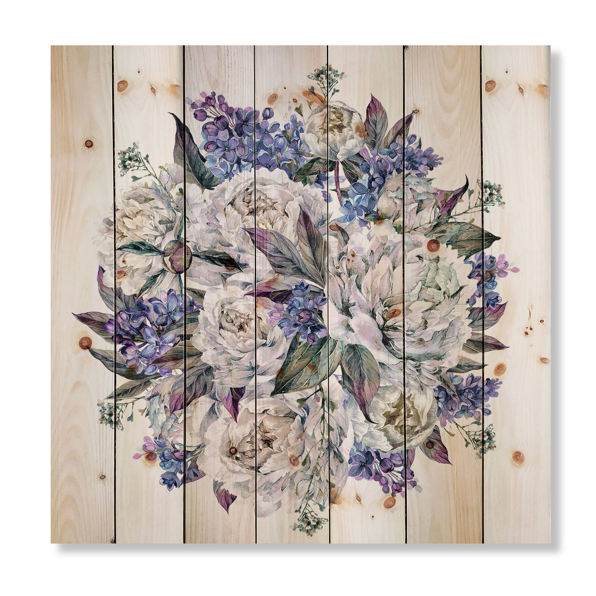 Designart - Bouquet Peonies In White and Blue - Traditional Print on Natural Pine Wood