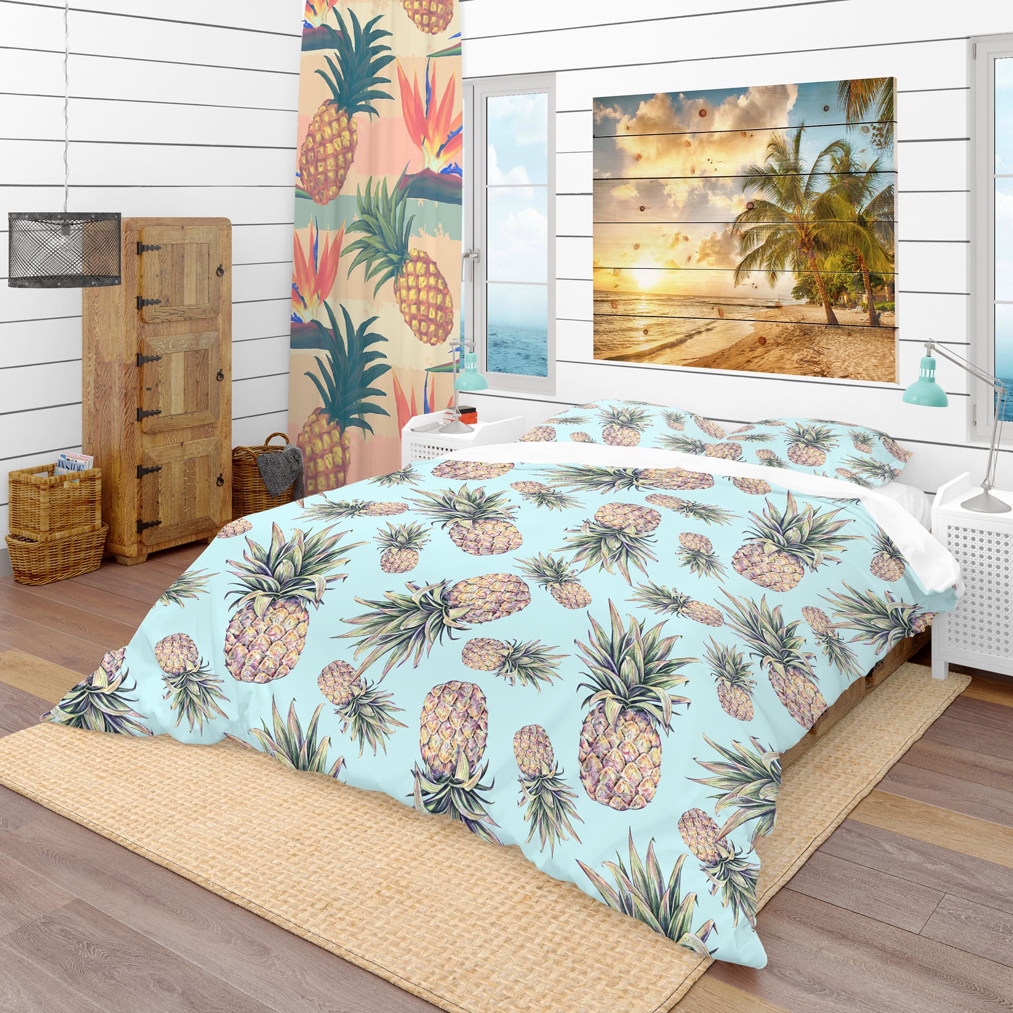 Designart &#x27;Pineapples on a Light Blue Background&#x27; Tropical Bedding Set - Duvet Cover &#x26; Shams