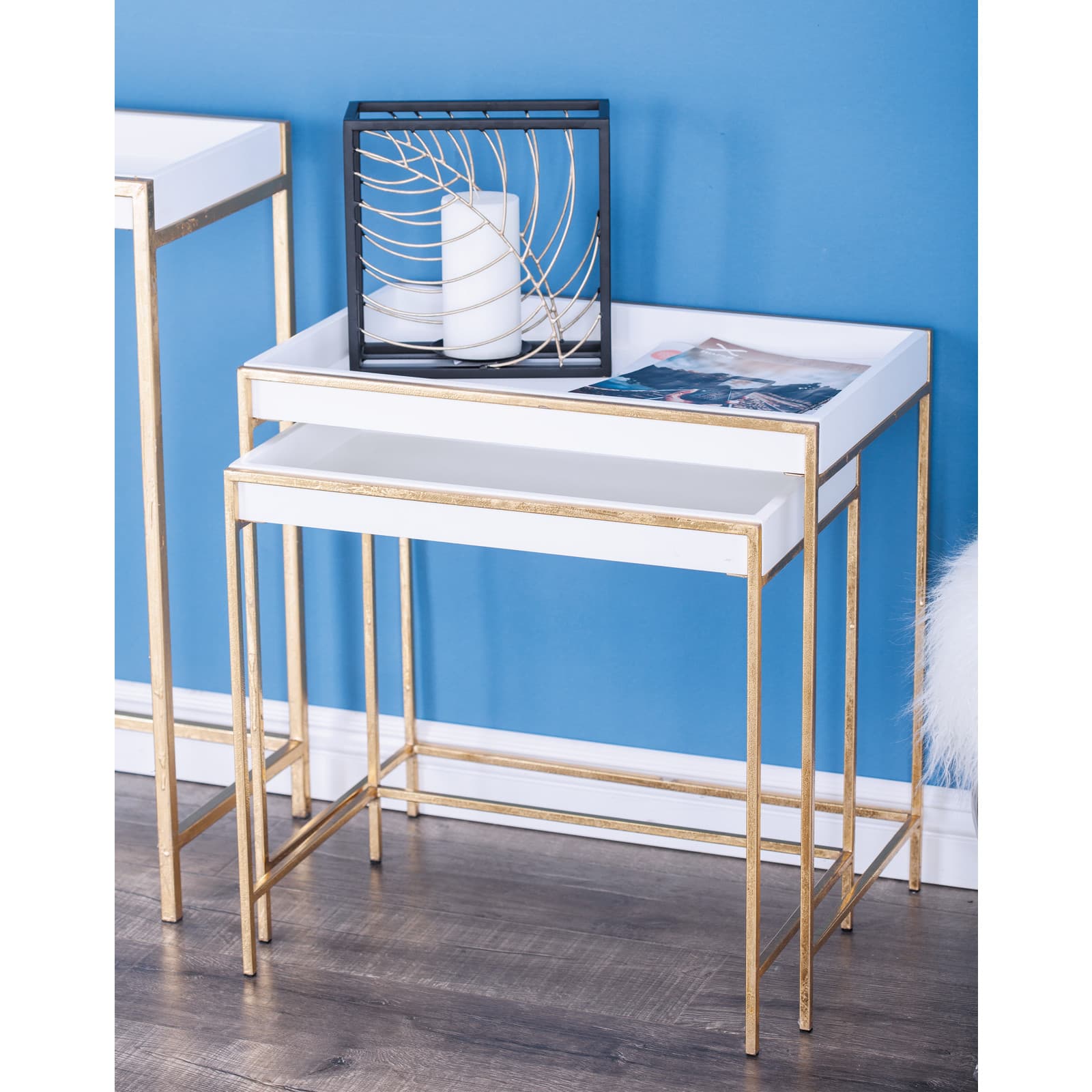 Set of 2 Gold Metal Contemporary Console Table, 22&#x22;, 20&#x22;