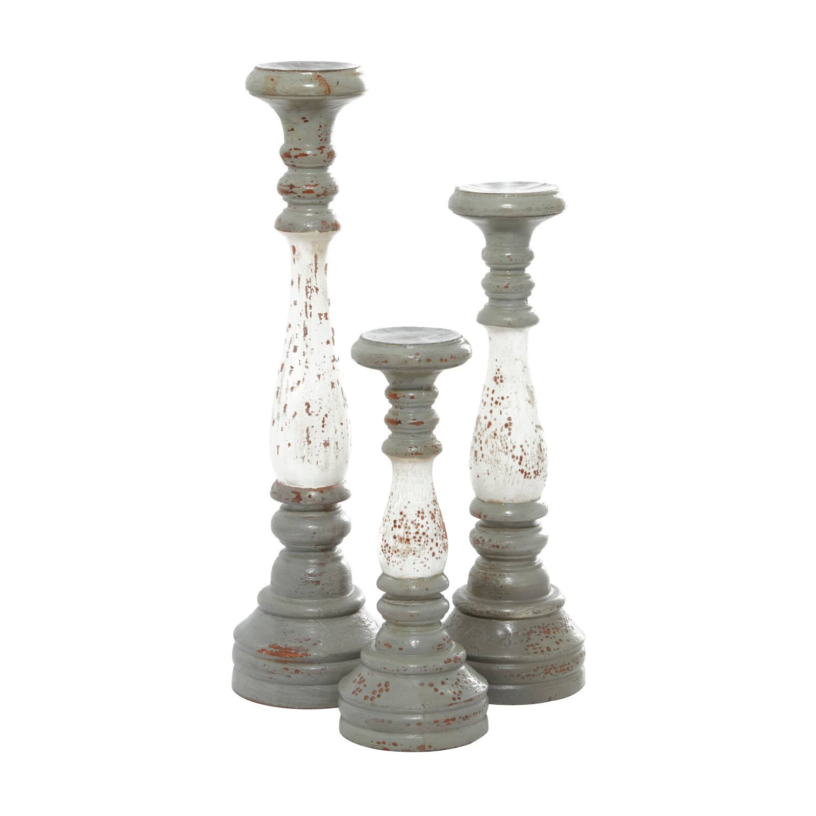 20" White & Gray Wood Farmhouse Candlestick Holder Set