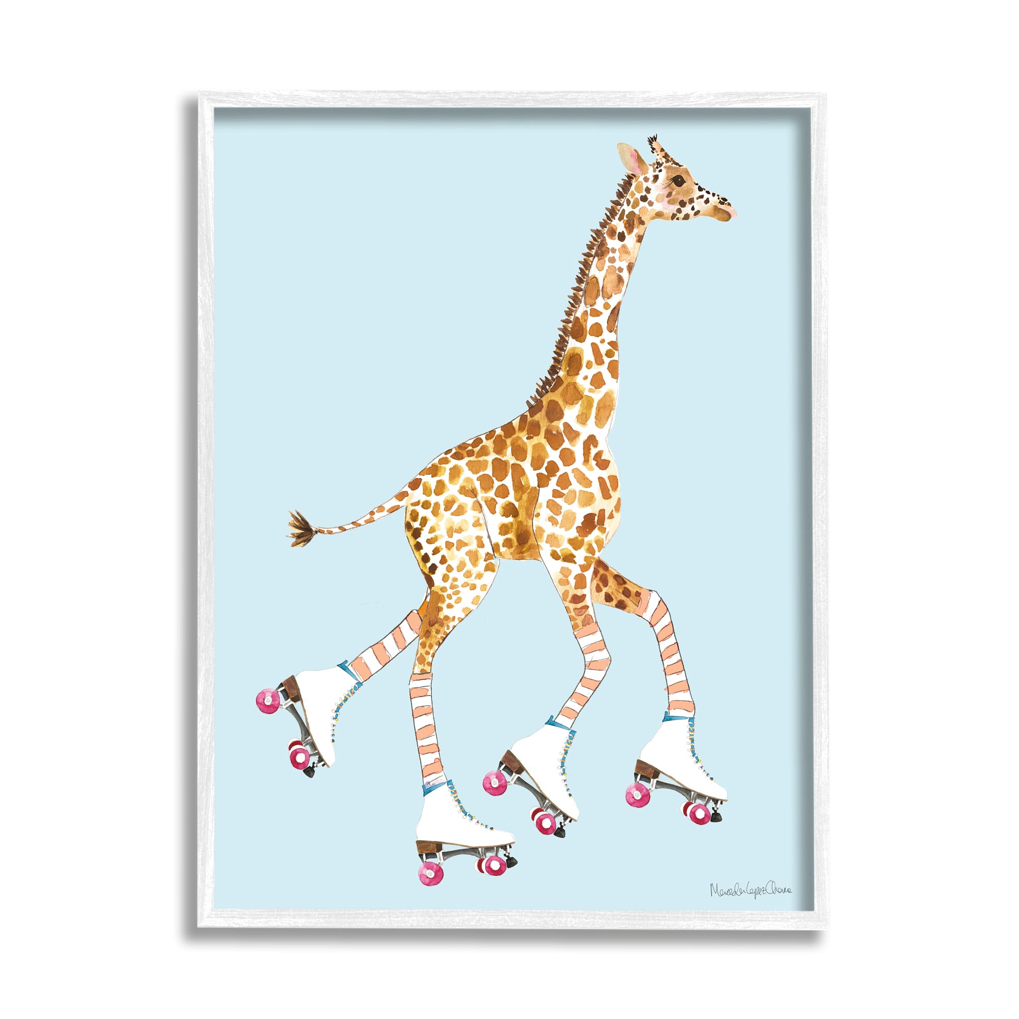 Stupell Industries Funky Giraffe Roller Skates Pink Wheels Striped Socks Framed Wall Art