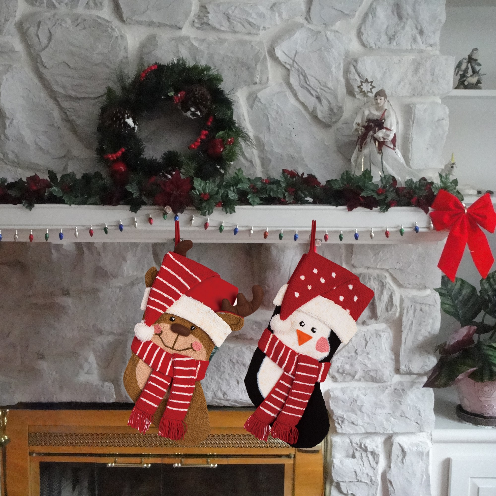Glitzhome® 19" Penguin & Reindeer Hooked Stocking Set