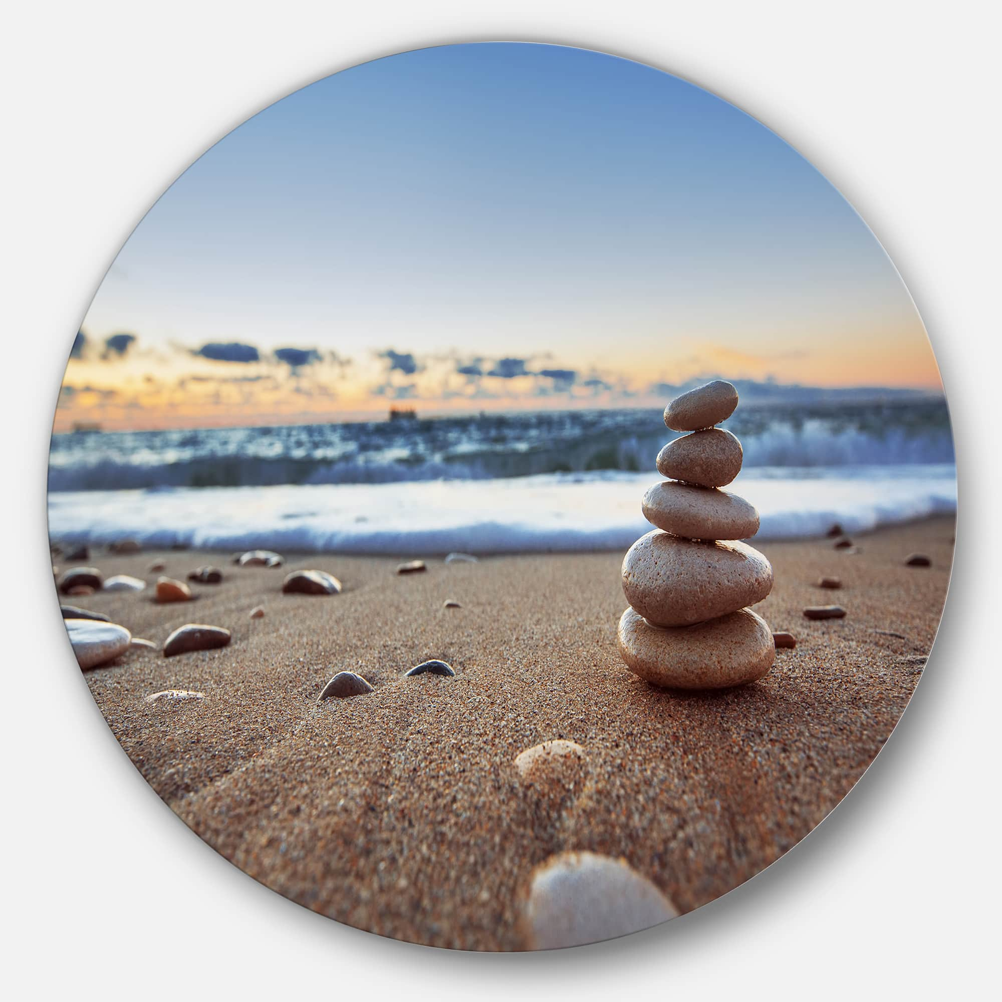 Designart - Stones Balance on Sandy Beach&#x27; Seashore Metal Circle Wall Art