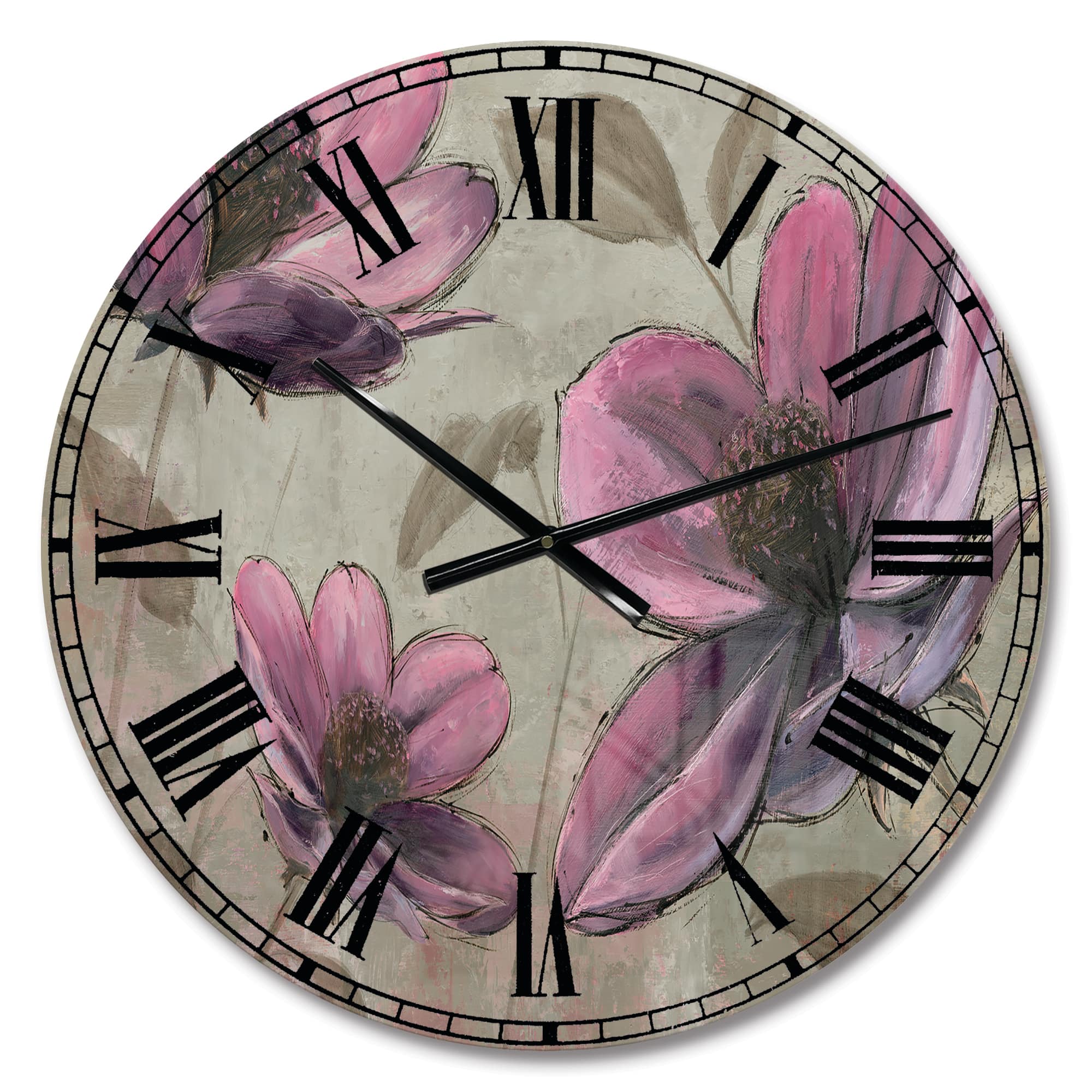 Designart 'Handpainted Plum Pink Cottage Flowers Traditional Wall Clock