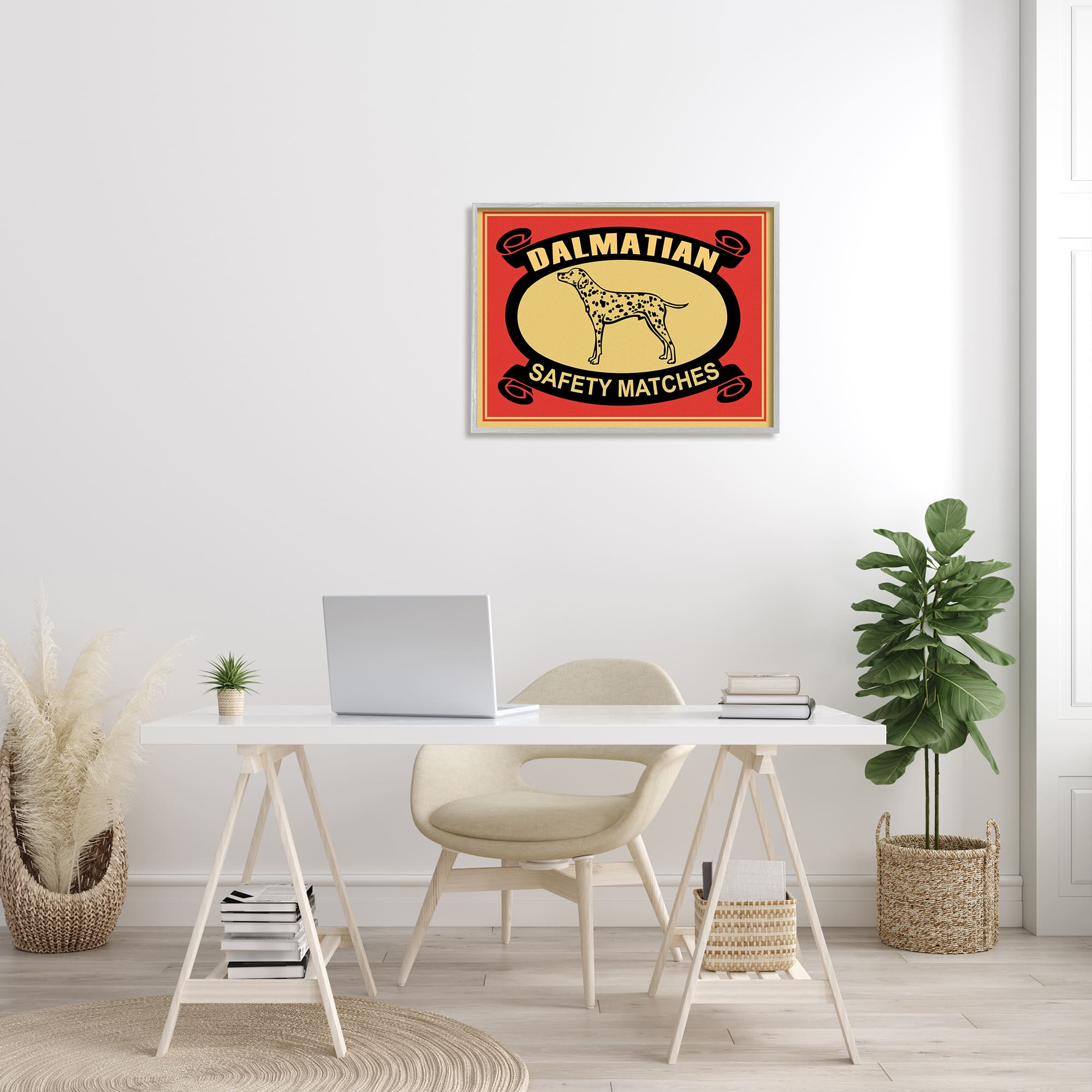 Stupell Industries Vintage Dalmatian Safety Matches Illustration Red Yellow in Gray Frame Wall Art