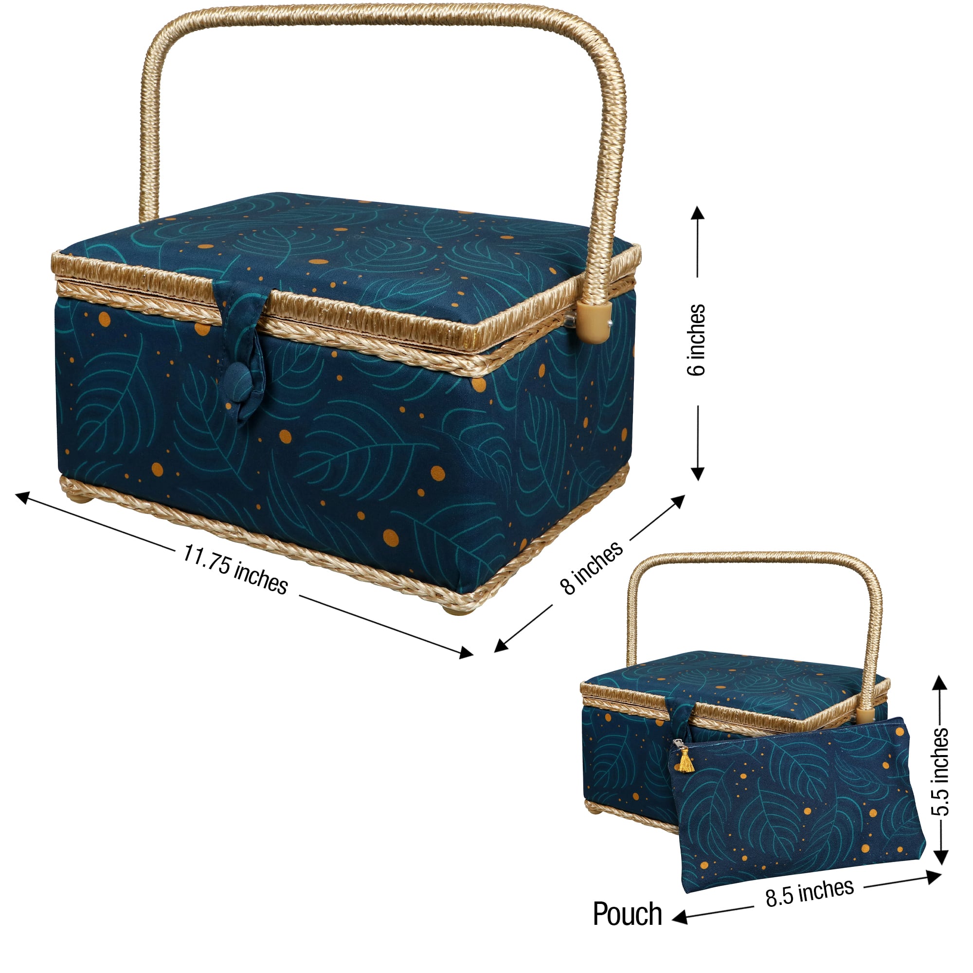 SINGER® Large Leaf Print Sewing Basket with Travel Sewing Kit & Matching Zipper Pouch