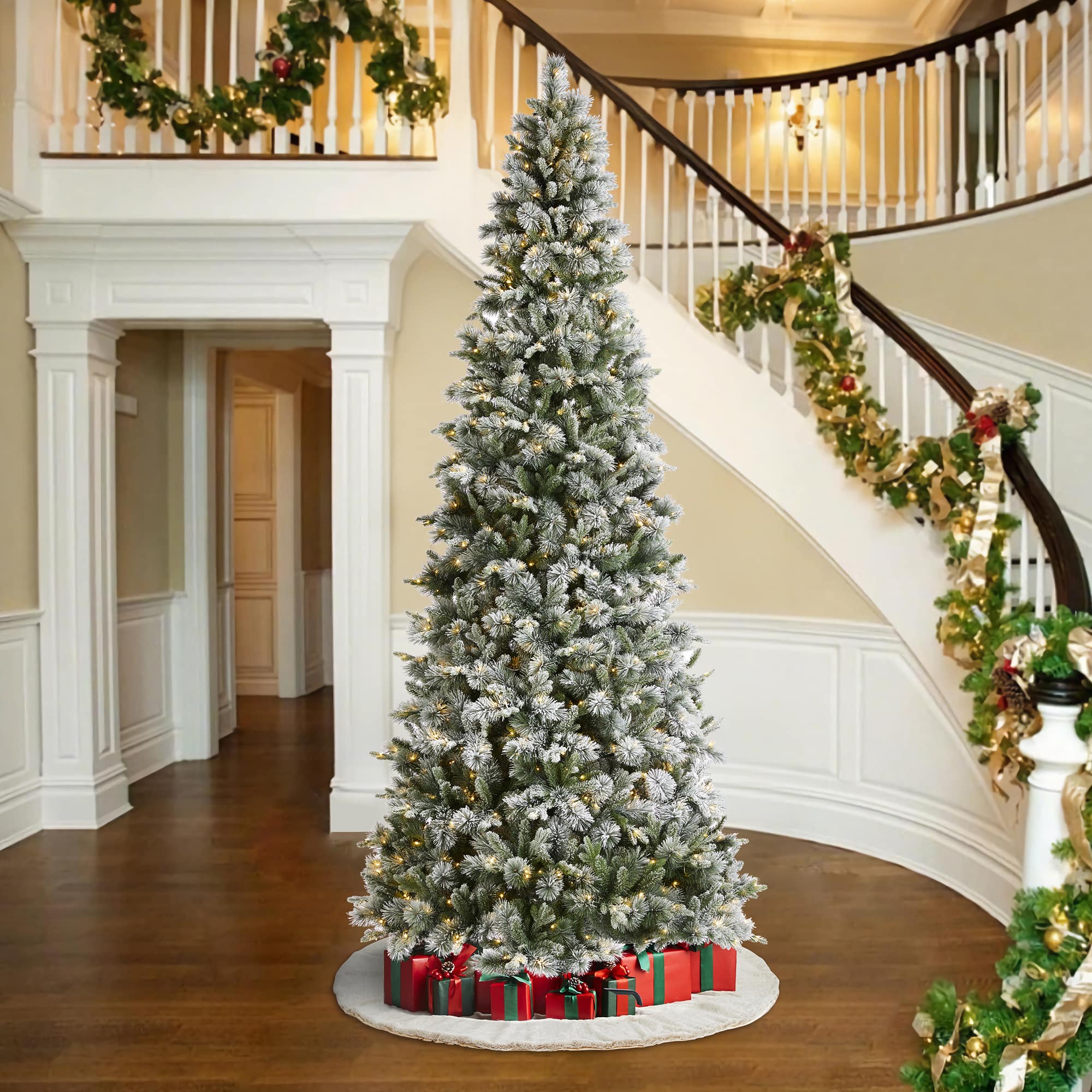 Glitzhome® 11ft Pre-Lit Flocked Slim Pine Artificial Christmas Tree, Warm White LED Lights