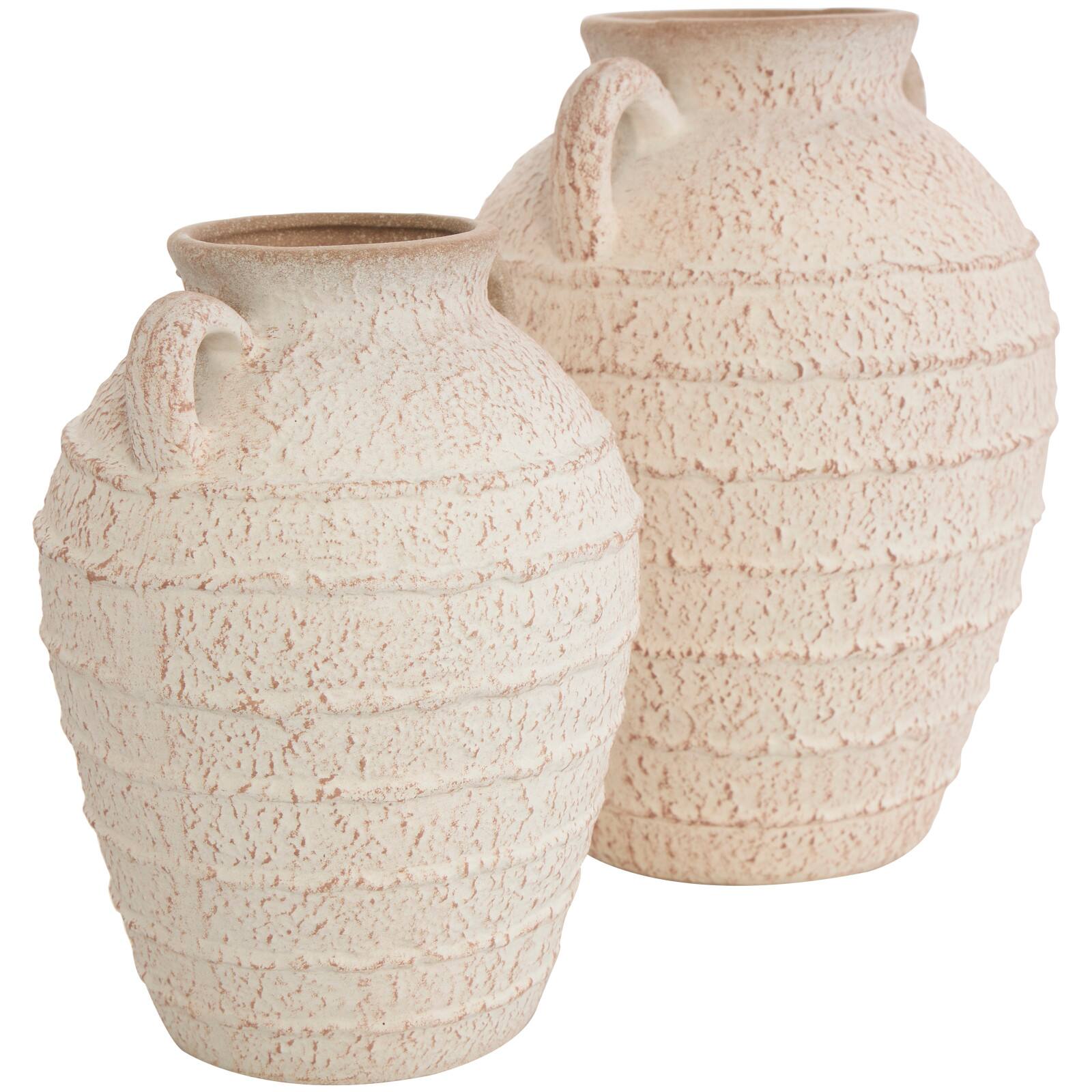 Cream Ceramic Textured Vase Set with Handles & Terra Cotta Accents