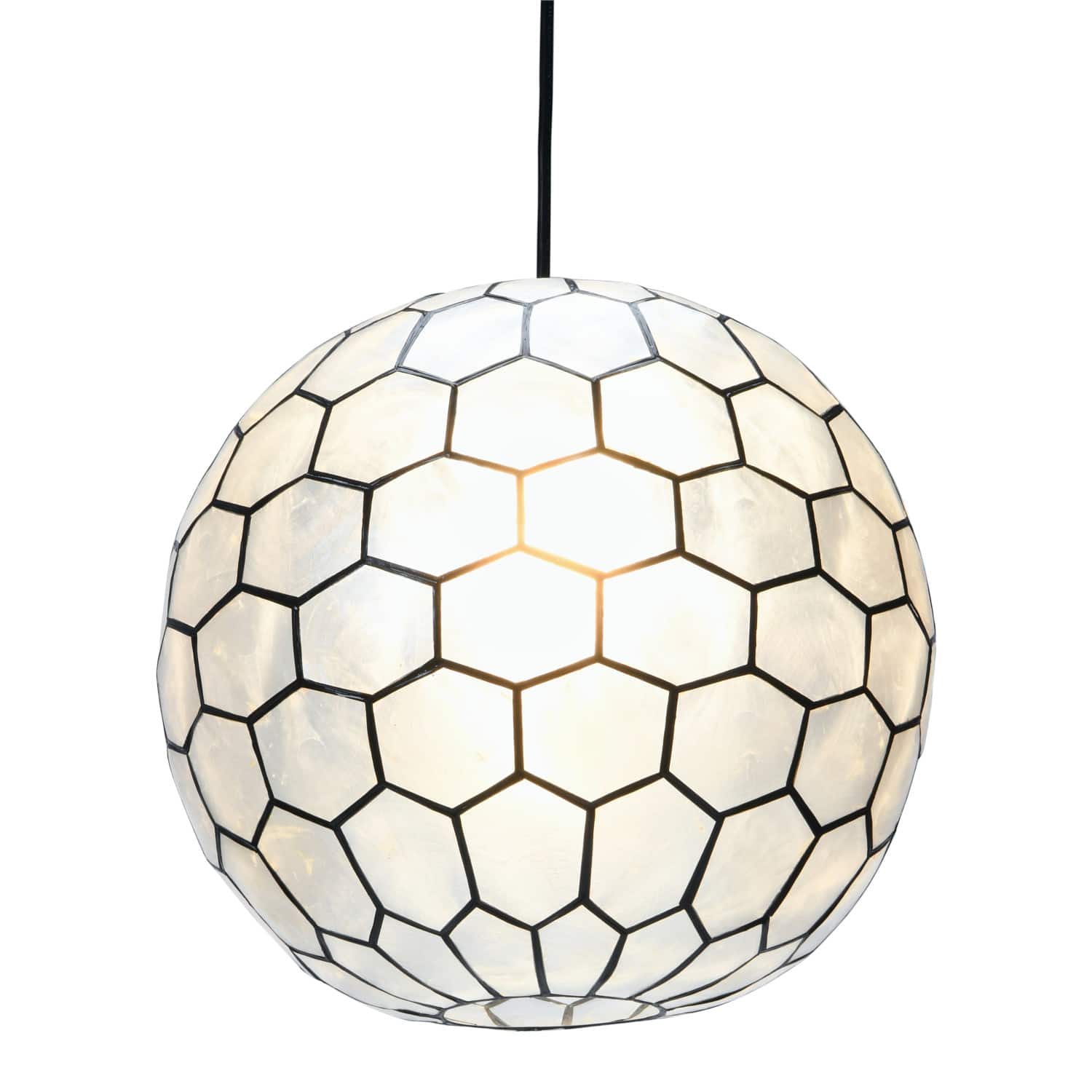 14&#x22; White Capiz Seashell &#x26; Black Honeycomb Globe Pendant Ceiling Light