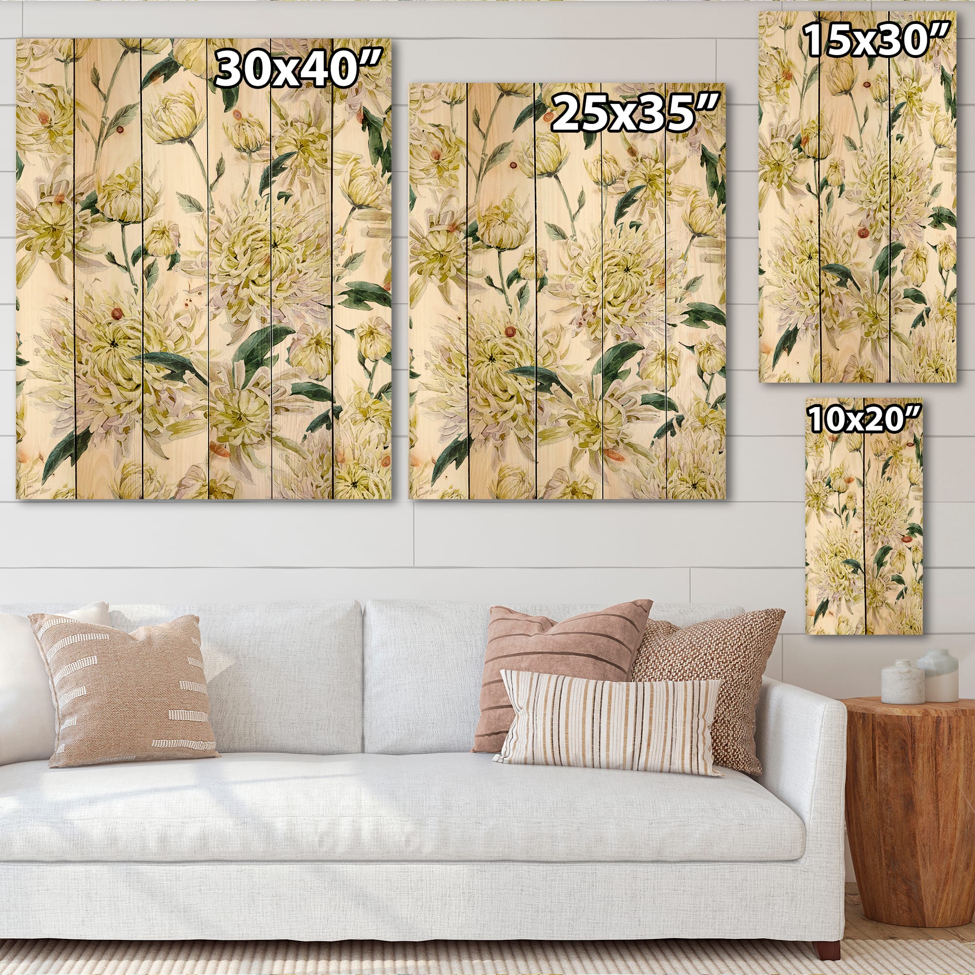 Designart - Vintage Yellow Chrysanthemus I - Traditional Print on Natural Pine Wood