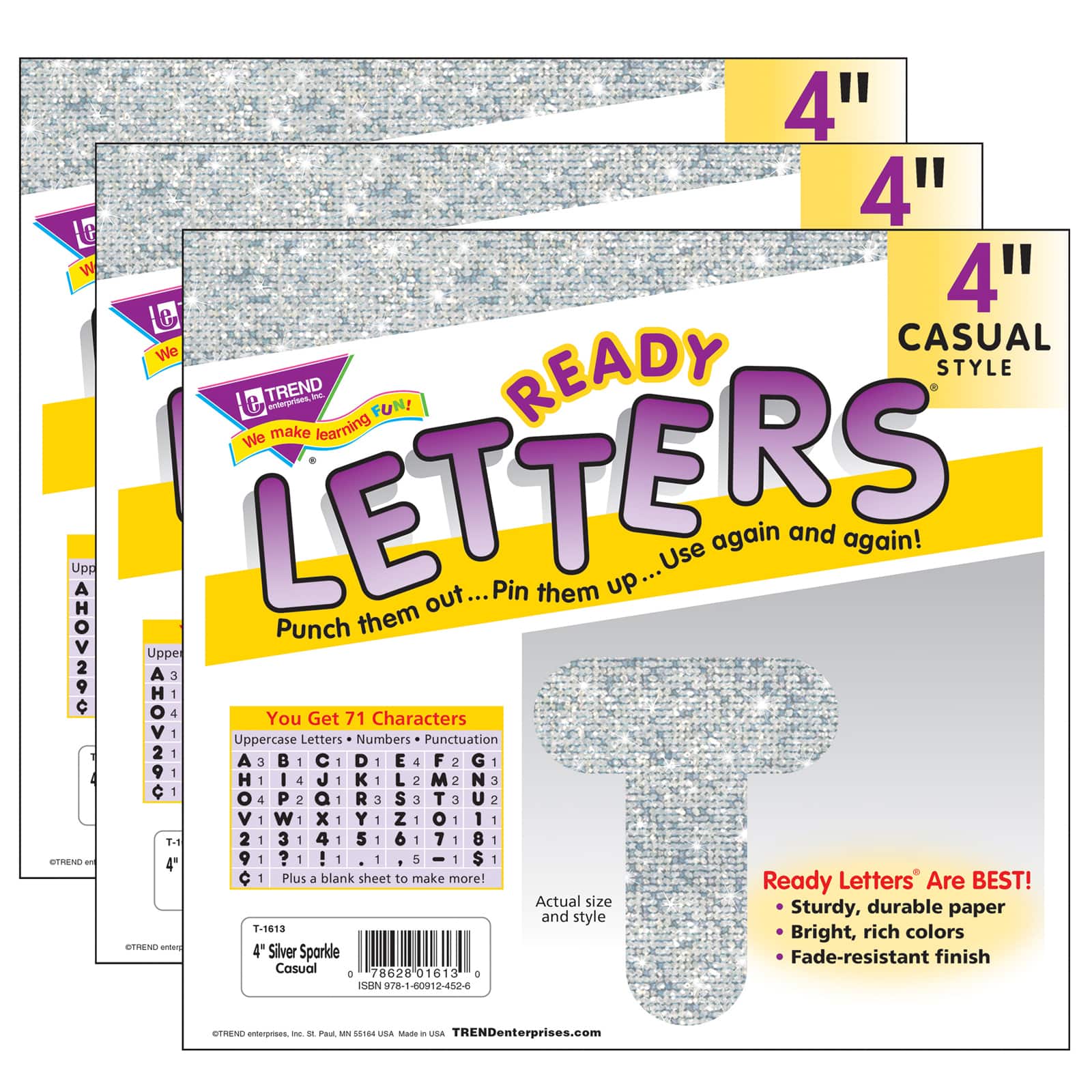 Trend Enterprises® 4" Silver Sparkle Casual Uppercase Ready Letters®, 3 Packs of 71
