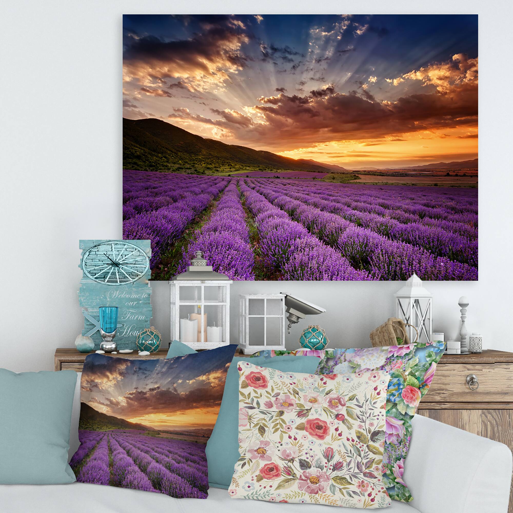 Designart - Sunrise &#x26; Dramatic Clouds Over Lavender Field X - Farmhouse Canvas Wall Art Print