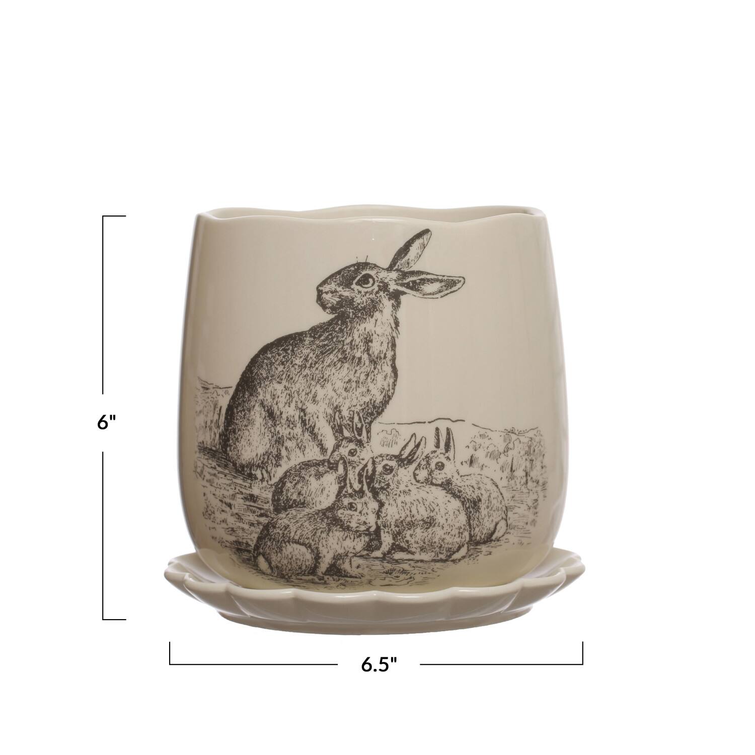 6.5&#x22; Round Rabbit Stoneware Planter &#x26; Scalloped Saucer