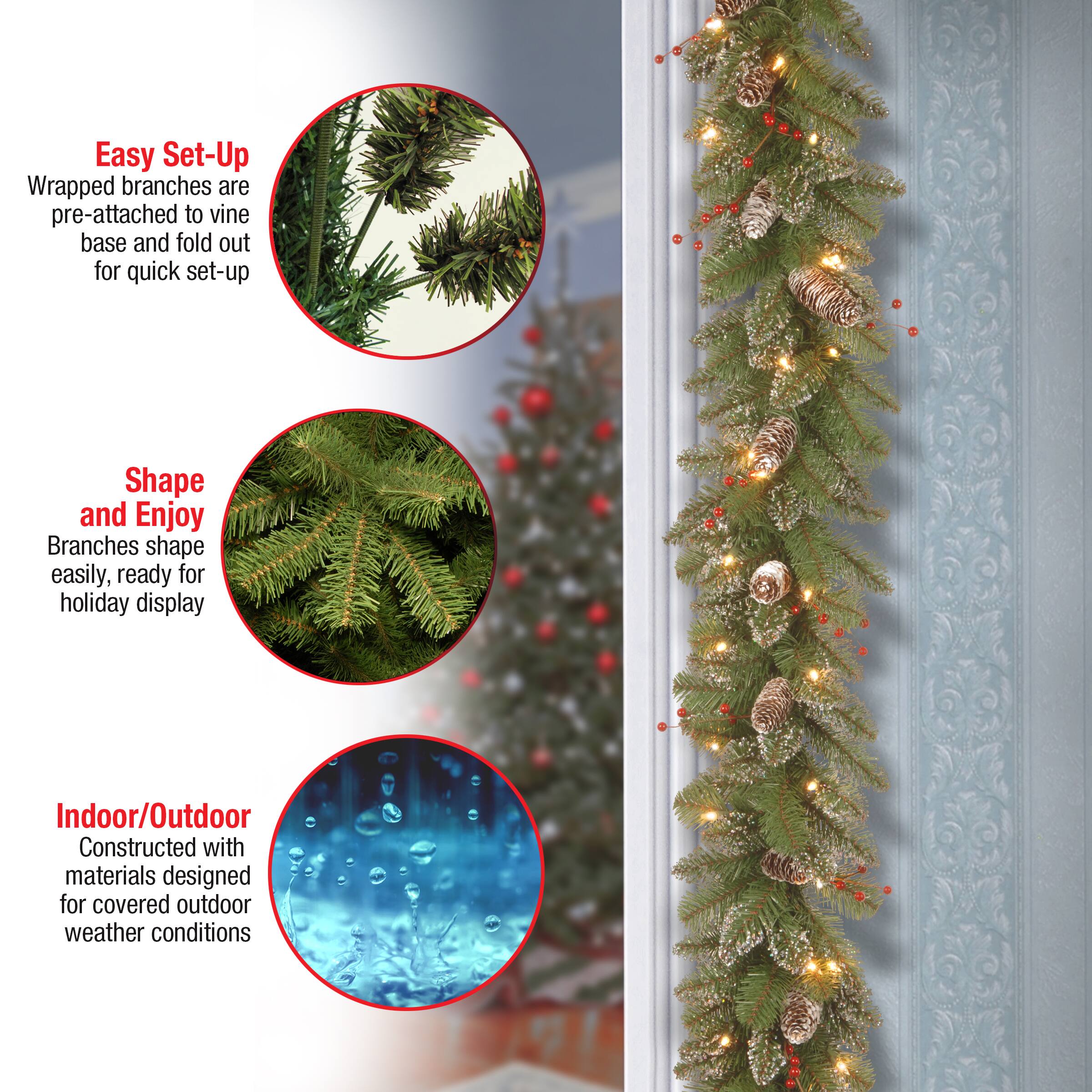 9' x 10" Pre-lit Glittery Mountain Spruce Artificial Christmas Garland with White Edged Cones, Red Berries and 50 Clear Lights