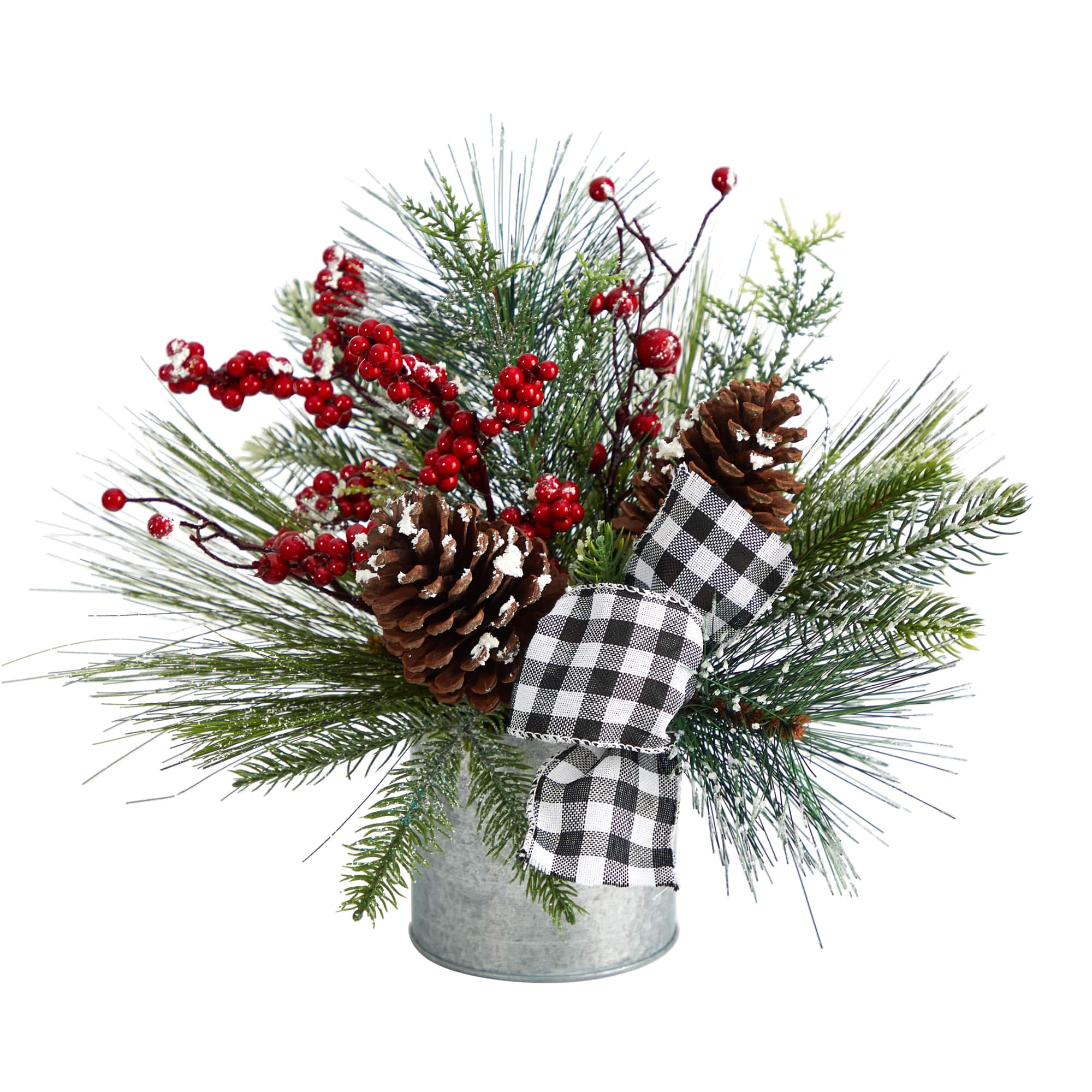 12&#x22; Frosted Pinecones &#x26; Berries Artificial Arrangement in Vase with Decorative Plaid Bow
