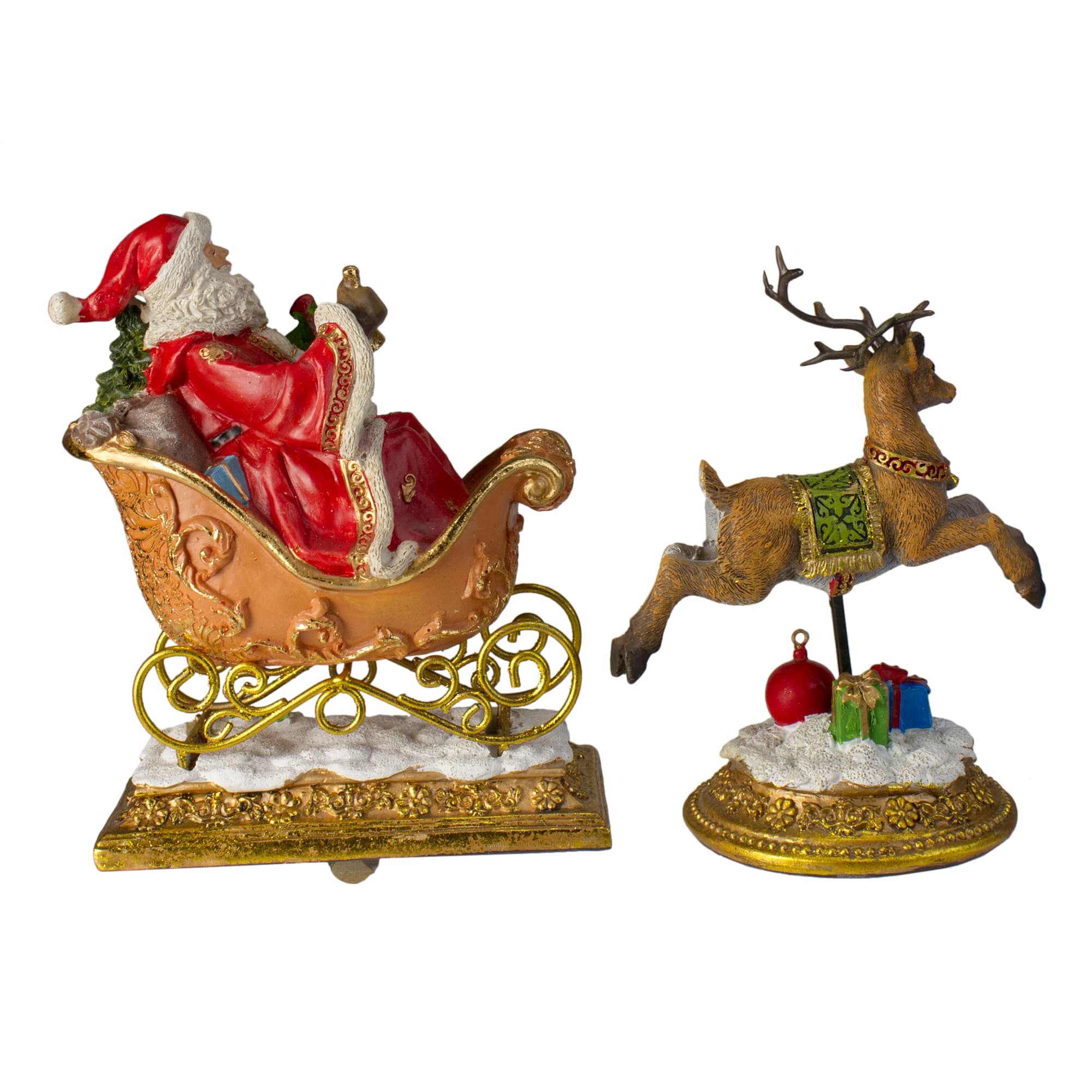 9.5" Gold Santa & Reindeer Glittered Christmas Stocking Holder Set