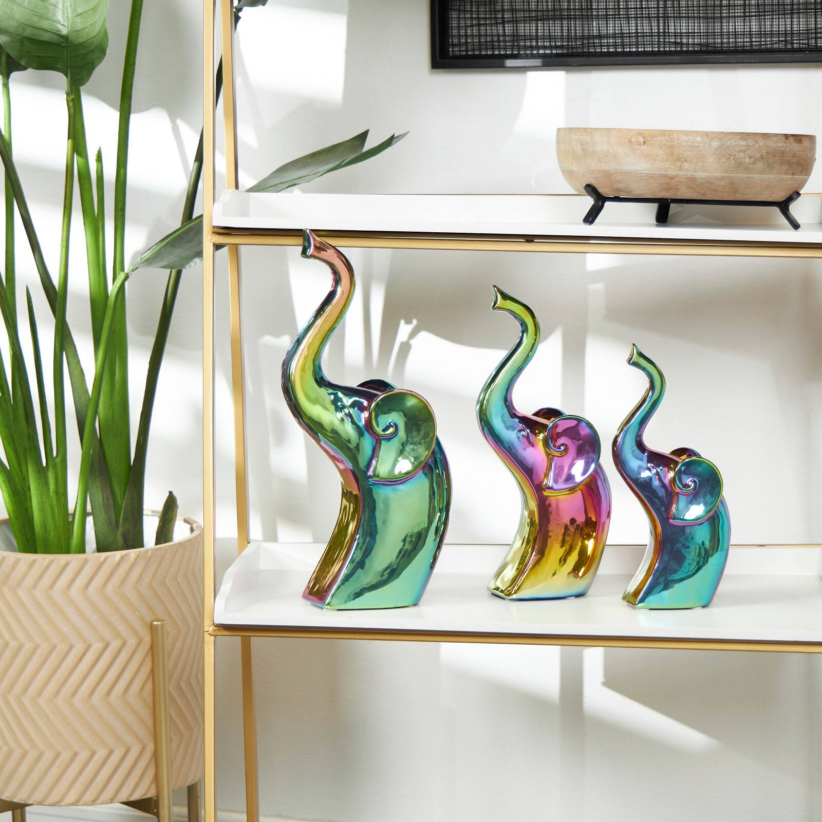 Multicolor Ceramic Elephant Sculpture Set with Rainbow Shimmer Finish