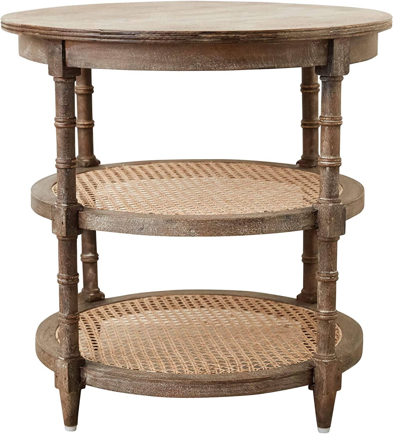 24&#x22; Round Solid Wood End Table with 2 Woven Cane Shelves