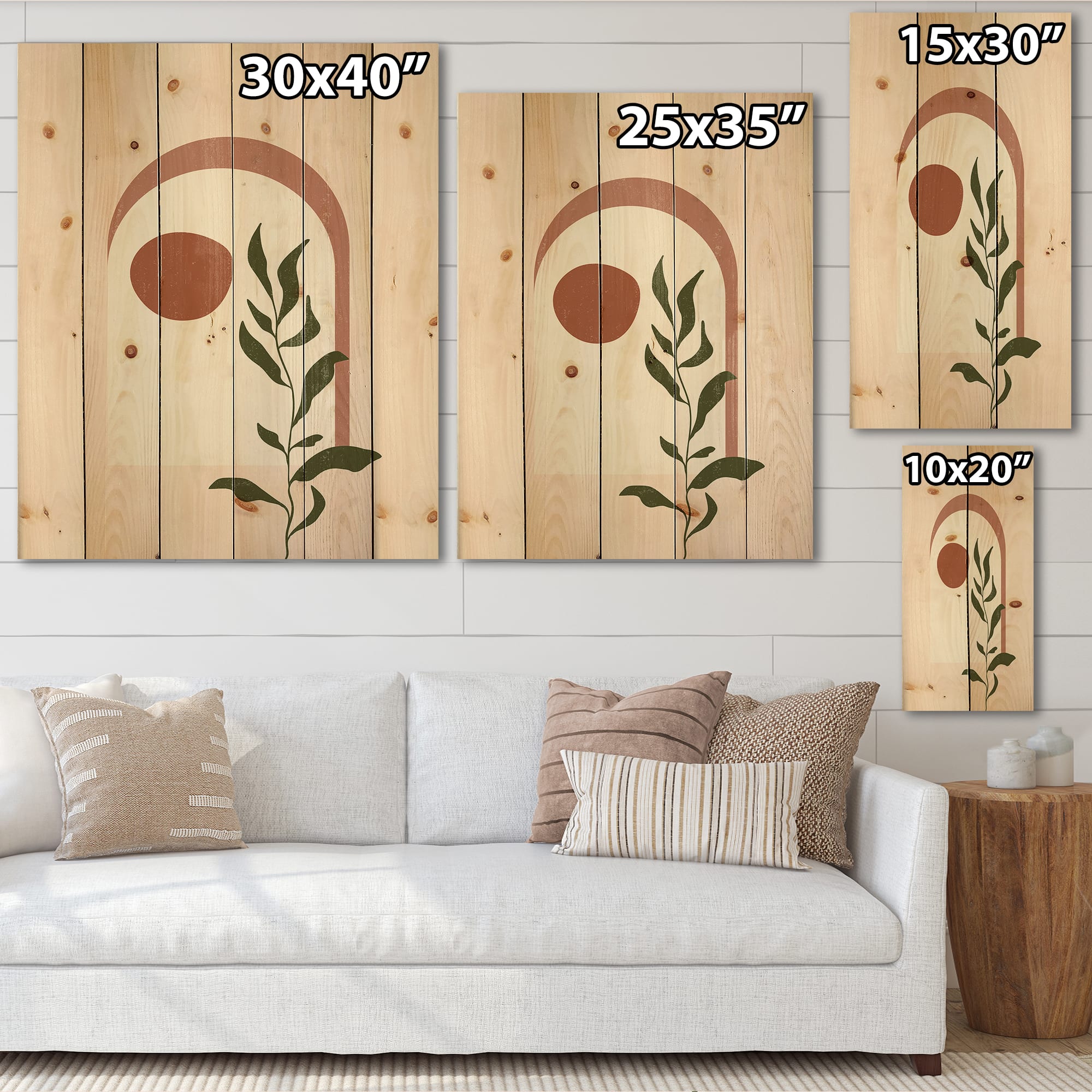 Designart - Abstract Geometrical Moon With Leaf III - Modern Print on Natural Pine Wood