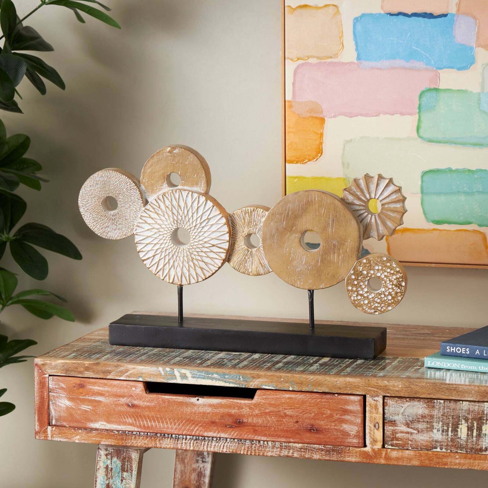 24" Beige Overlapping Carved Circle Disk Floral Sculpture with Black Stand