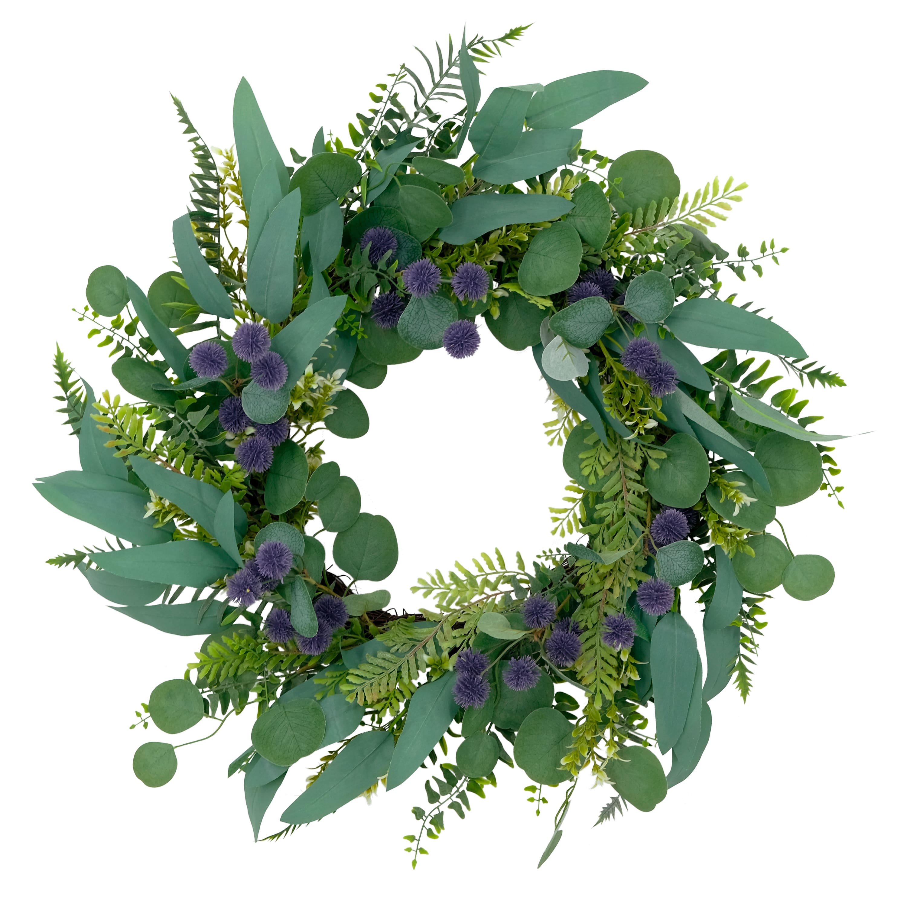 24&#x27;&#x27; Green and Purple Echinops Floral Spring Door Wreath