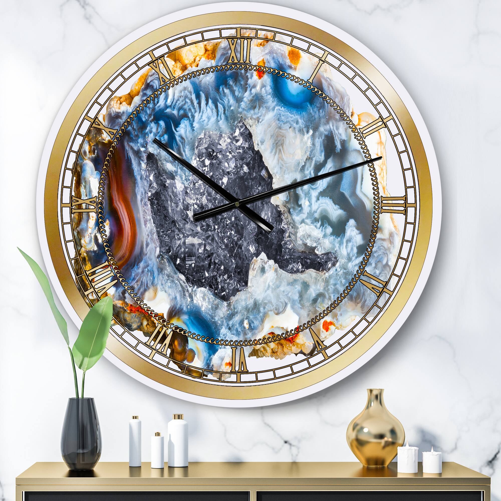 Designart 'Chalcedony Quartz Gold And Blue Ii Modern Wall Clock