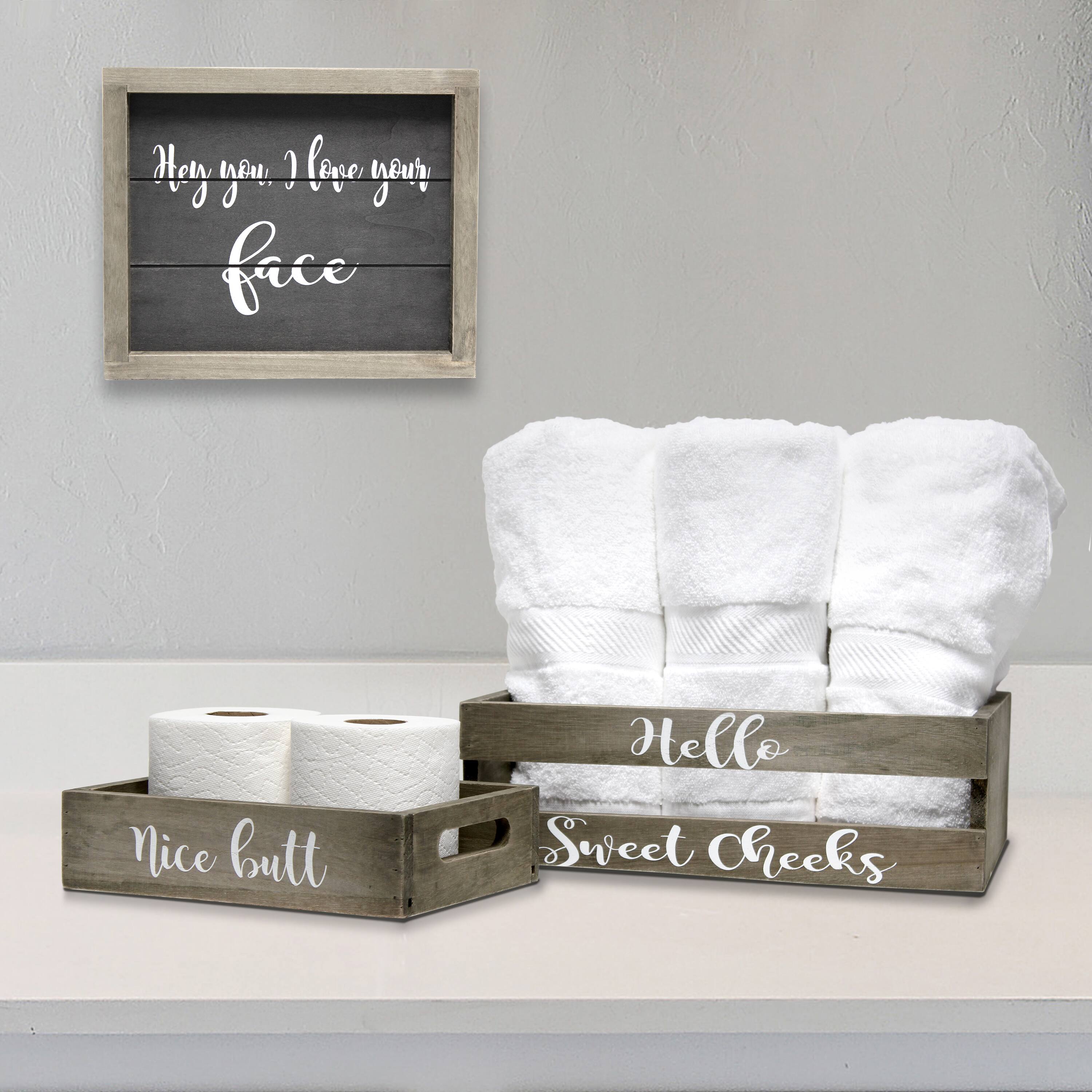 Elegant Designs Small Rustic Gray Cheeky Towel Holder, Frame & Toilet Paper Holder Set