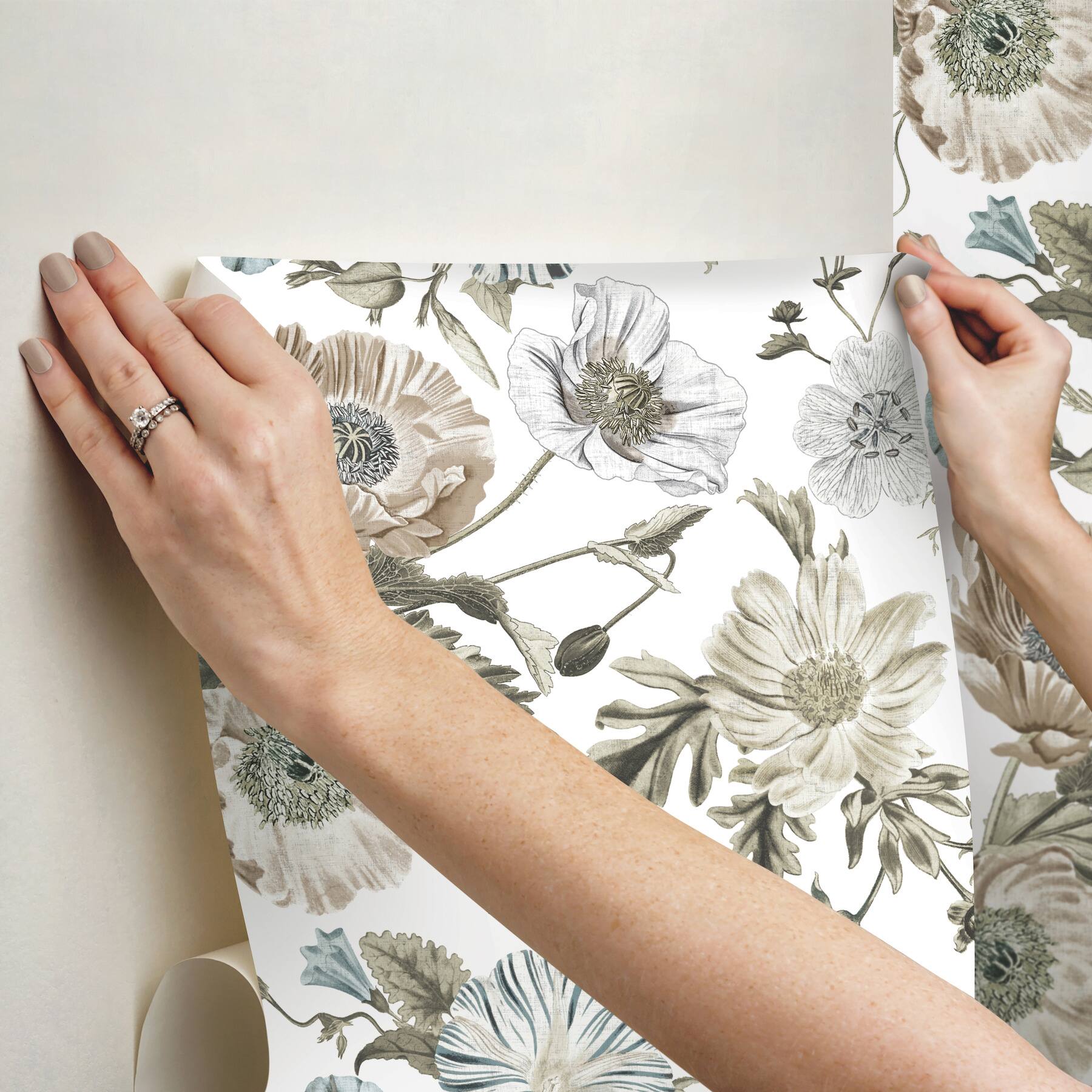 RoomMates White Vintage Poppy Peel &#x26; Stick Wallpaper