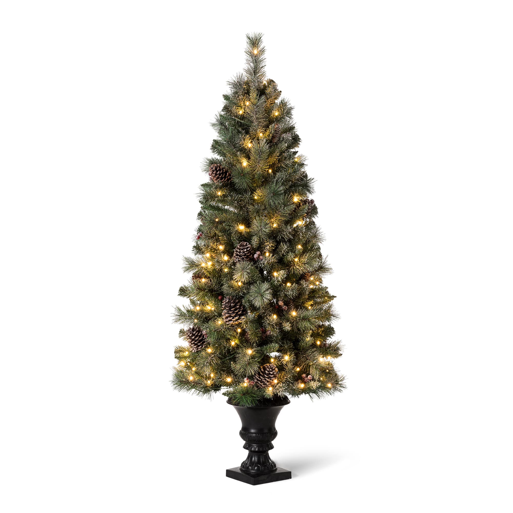 5ft. Pre-Lit Flocked Pine Artificial Christmas Tree in Black Urn, Warm ...