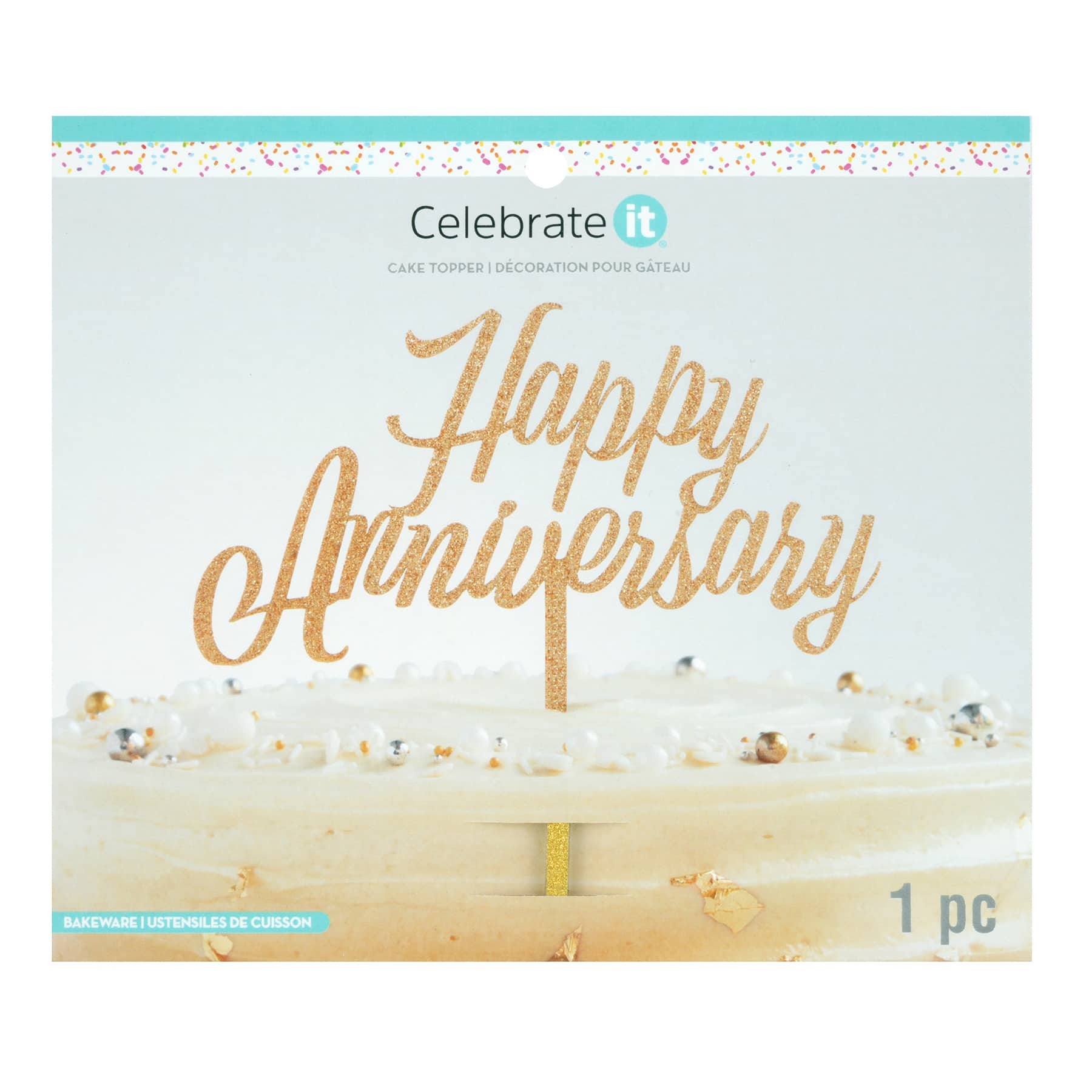 Gold Glitter Happy Anniversary Cake Topper by Celebrate It&#x2122;