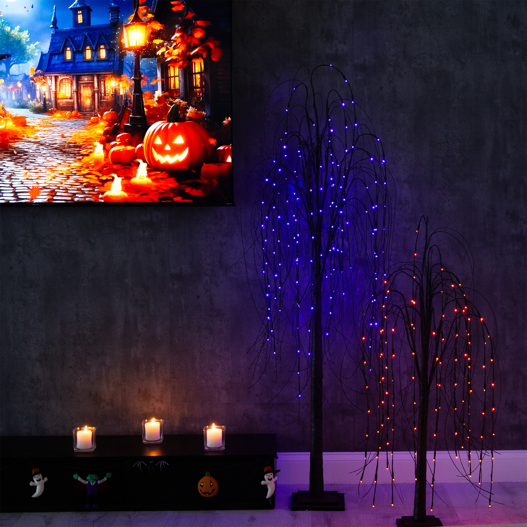 6ft. Orange &#x26; Purple LED Pre-Lit Halloween Black Willow Artificial Fall Tree