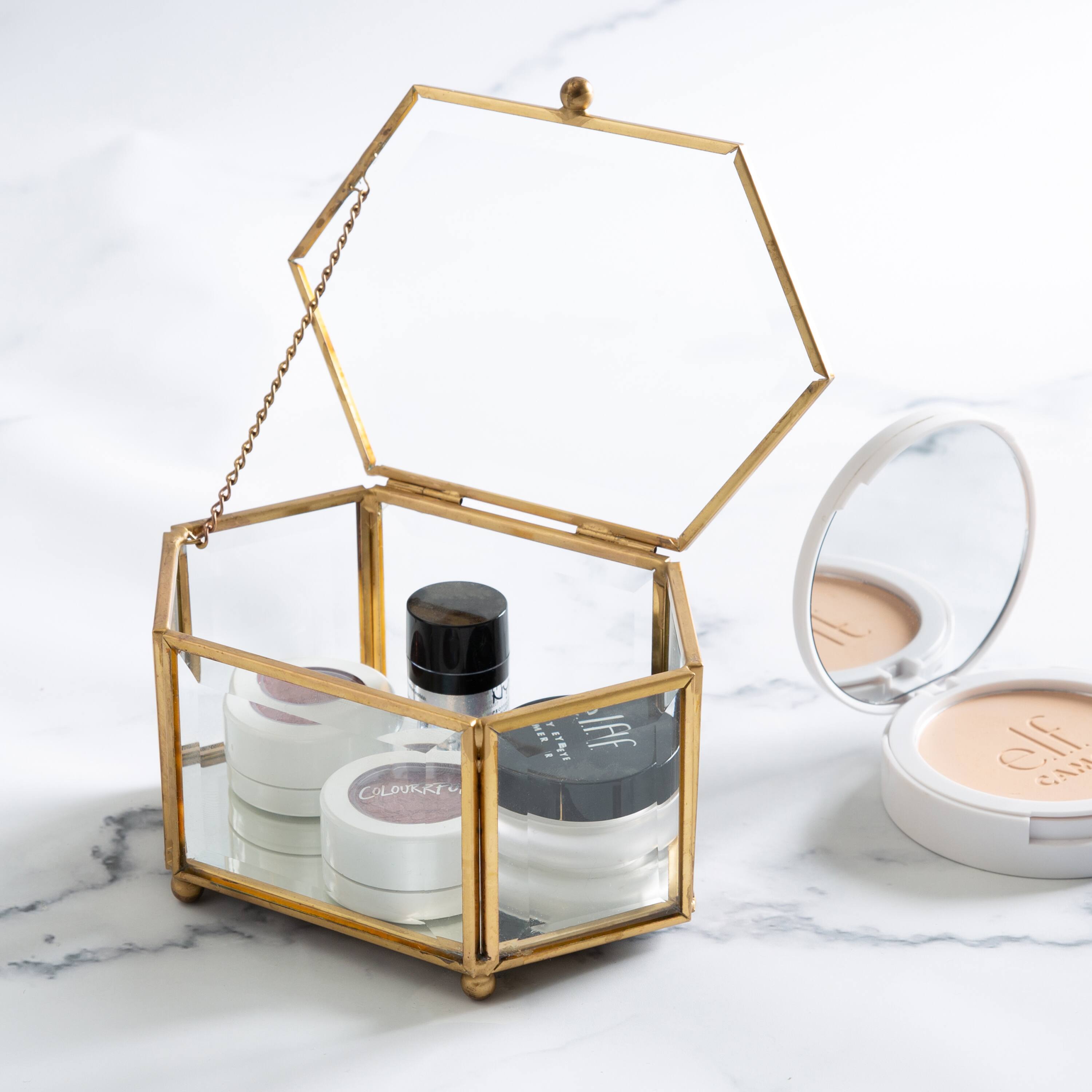 Home Details Vintage Mirrored Bottom Gold Hexagonal Glass Keepsake Box