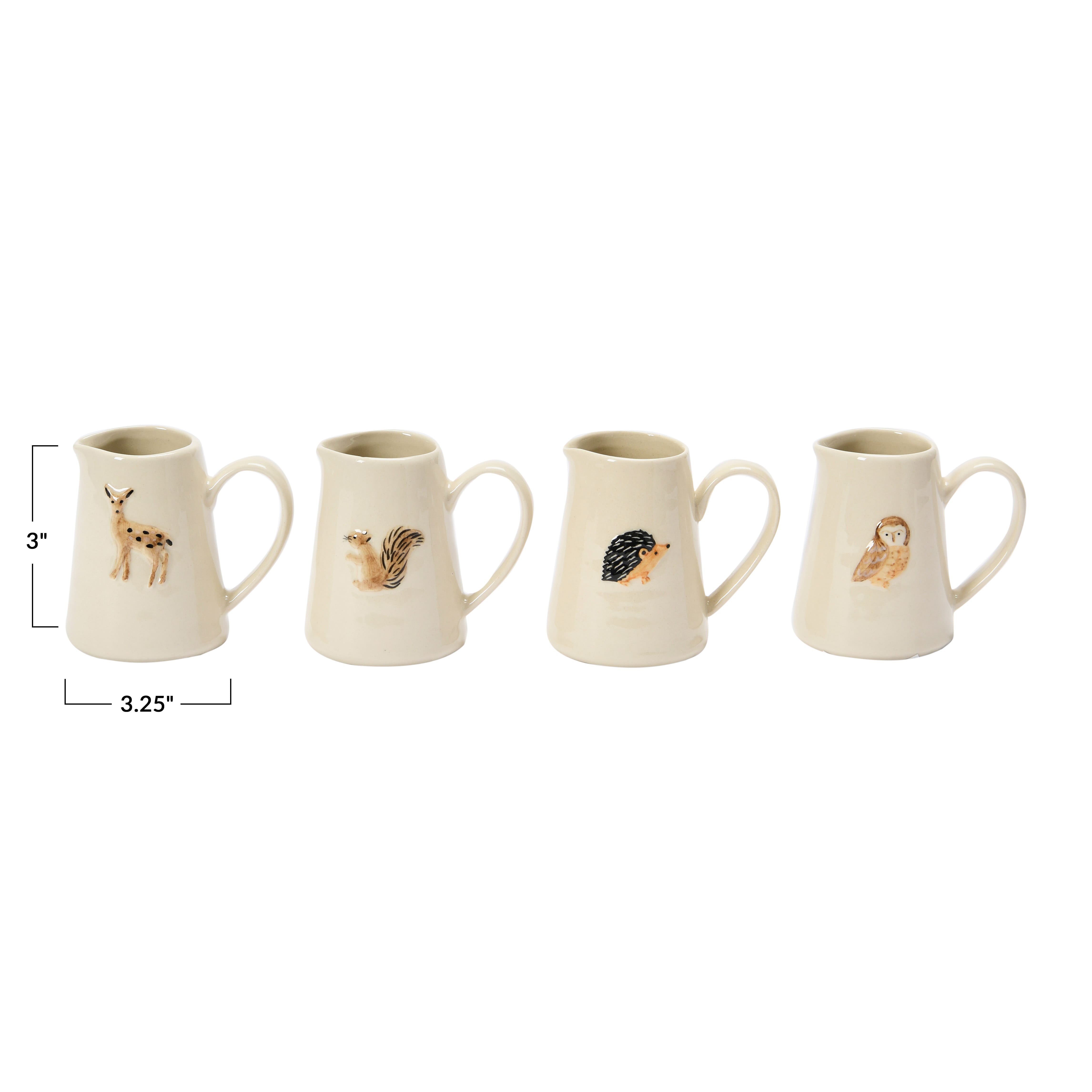 3&#x22; Hand-Painted &#x26; Embossed Forest Animal Ceramic Pitcher Mugs, 4ct. 