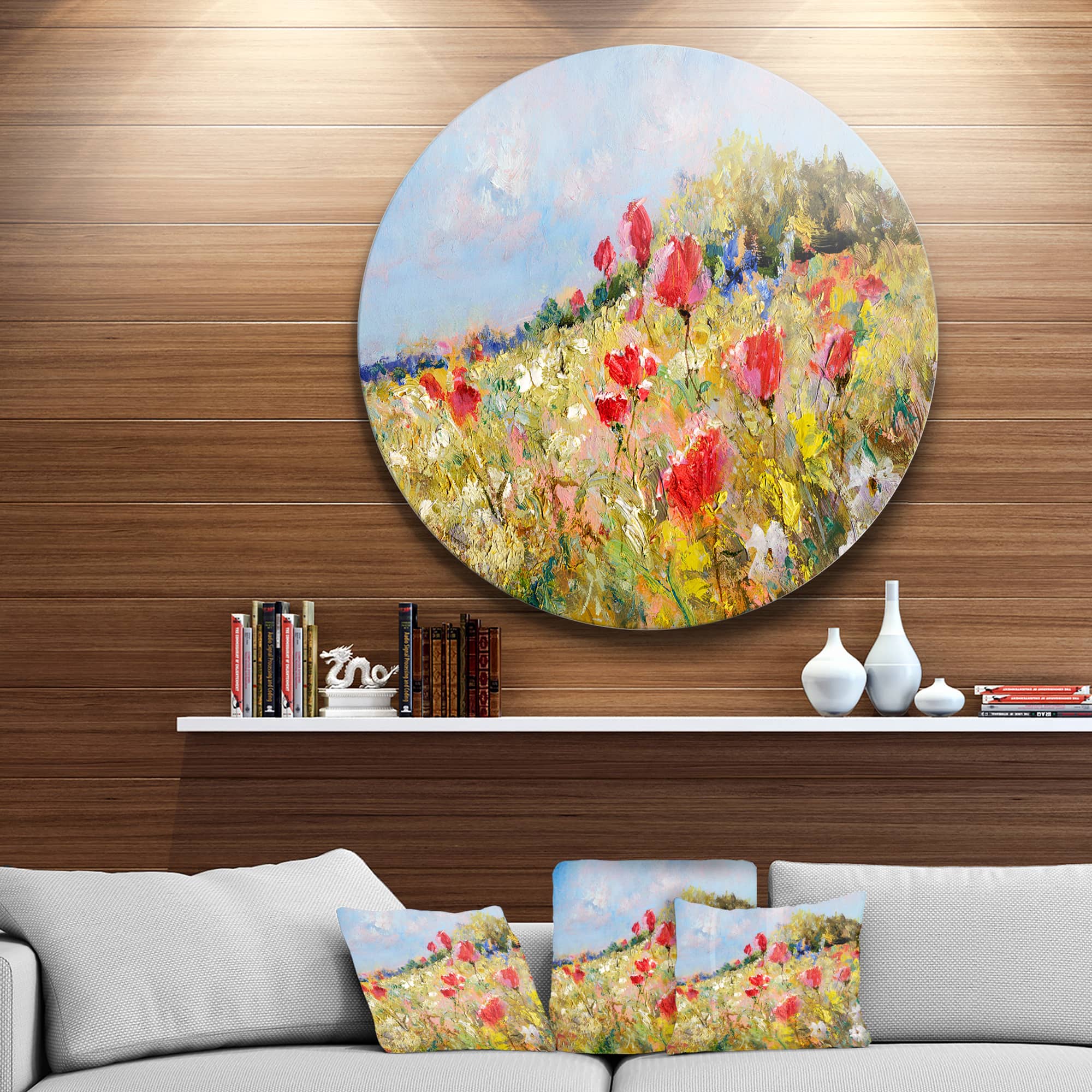 Designart - Painted Poppies on Summer Meadow&#x27; Large Landscape Metal Circle Wall Art