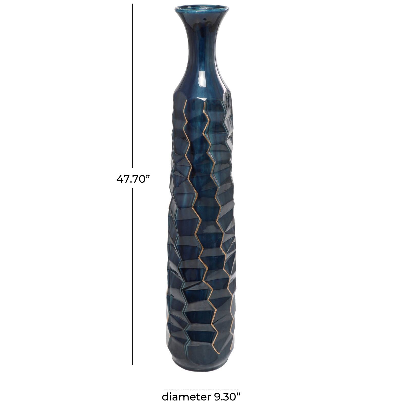 Teal Ceramic Tall Geometric Floor Vase with Gold Accents