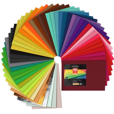 50 Pack - Arteza Felt Fabrics in Assorted Colors, 8.3" x 11.8" Sheets