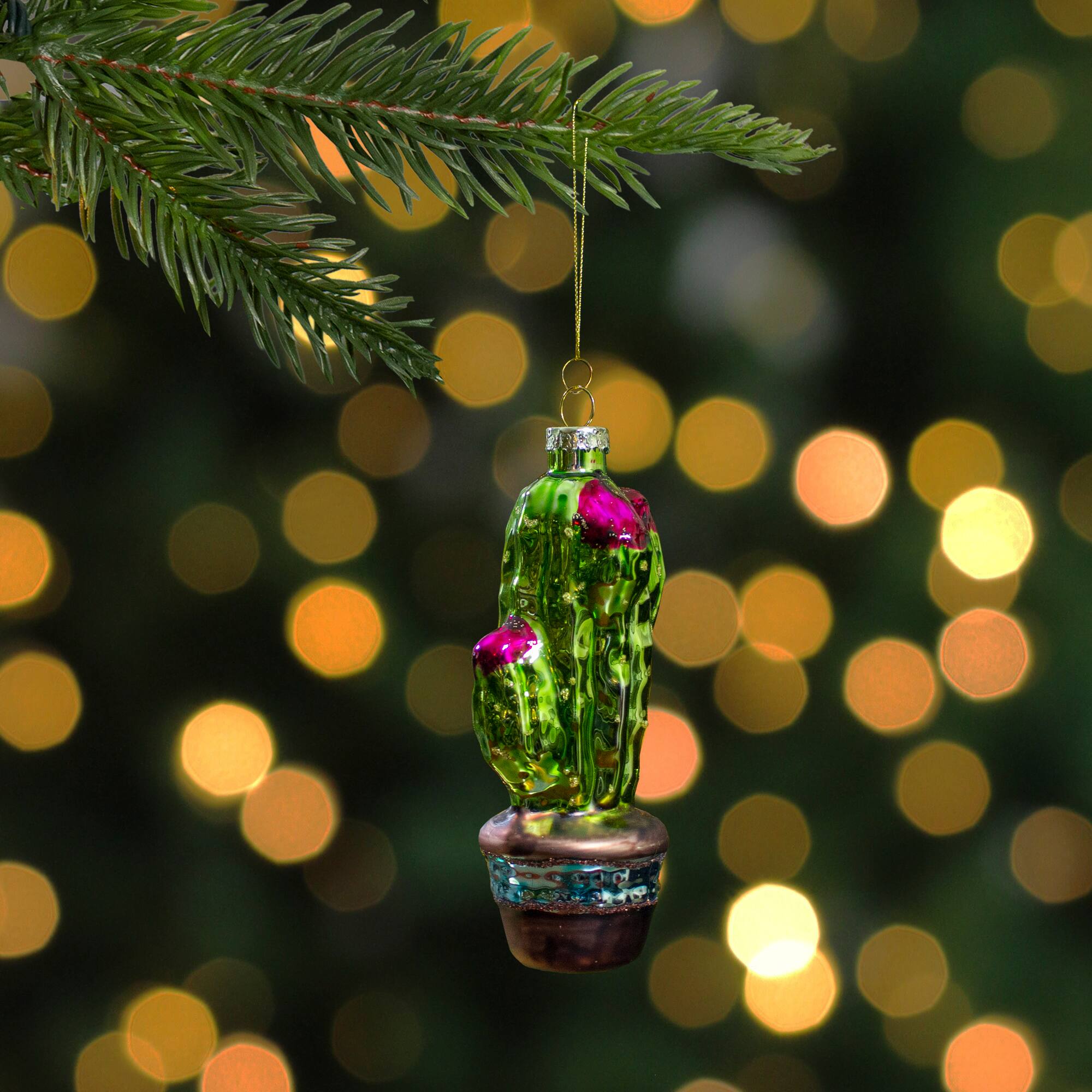 Green And Pink Potted Cactus Glass Ornament