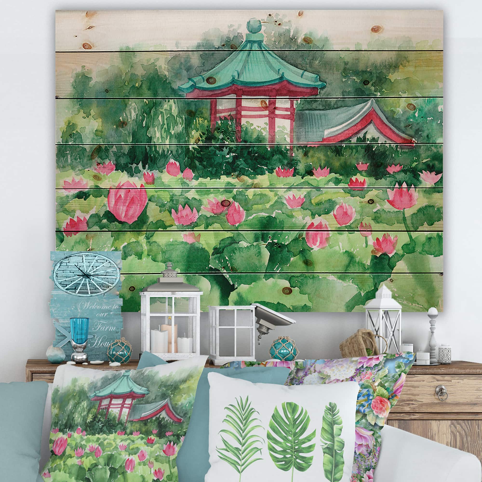 Designart - Lotus Lake and Pagoda - Traditional Print on Natural Pine Wood