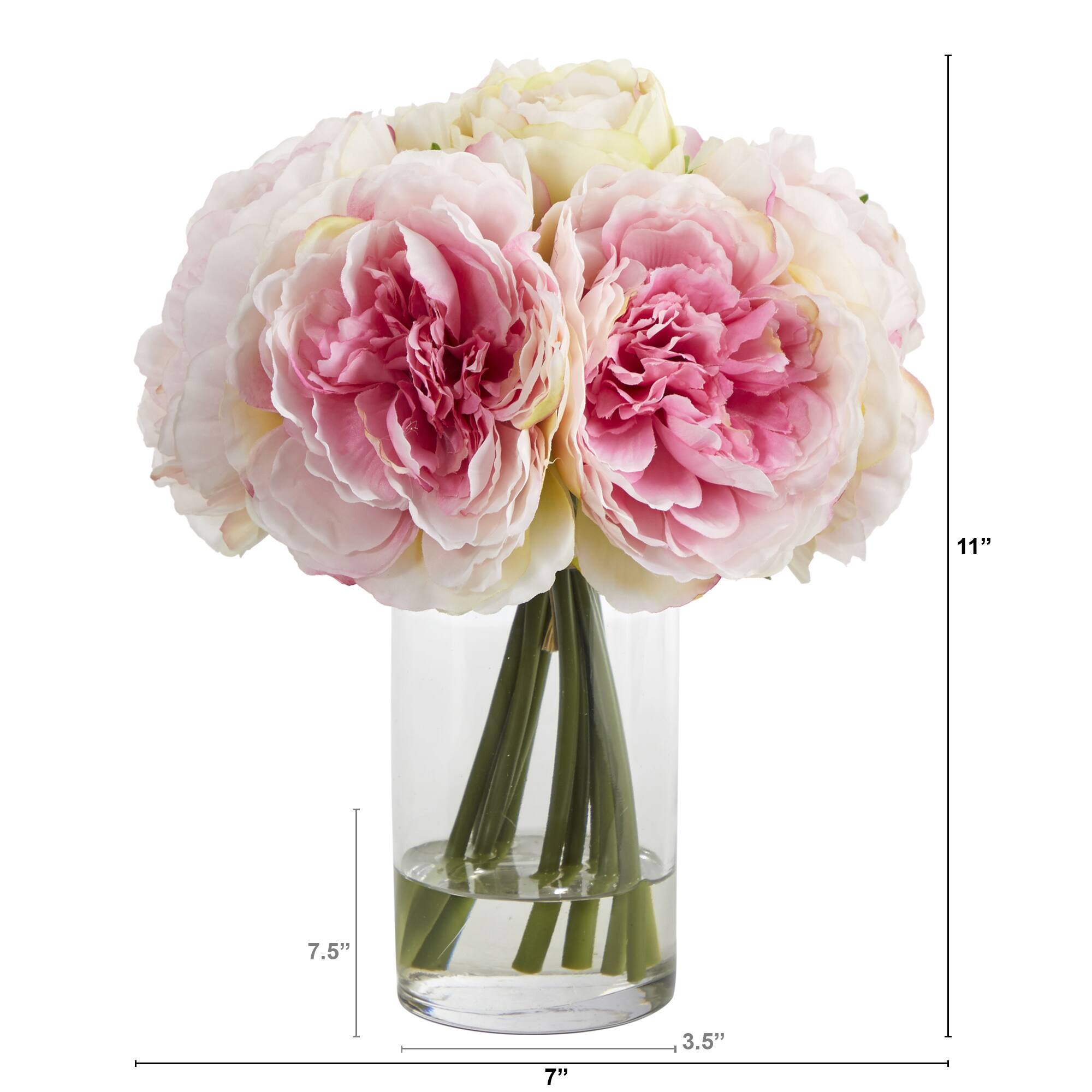 11" Pink Peony Bouquet in Glass Vase