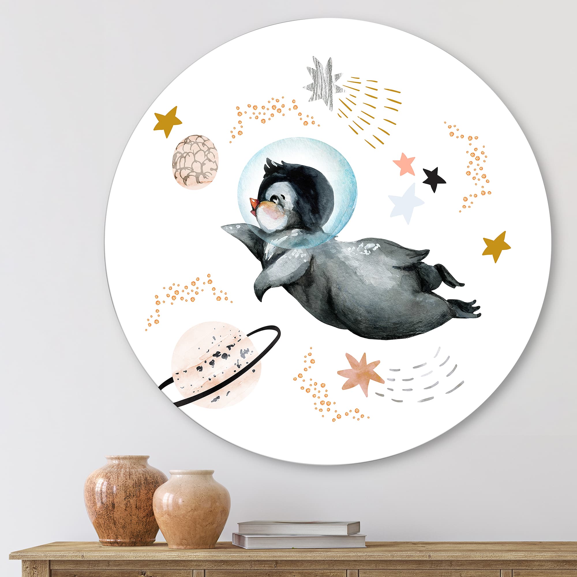 Designart - Little Penguin Flying Stars and Planets II - Farmhouse Metal Circle Wall Art