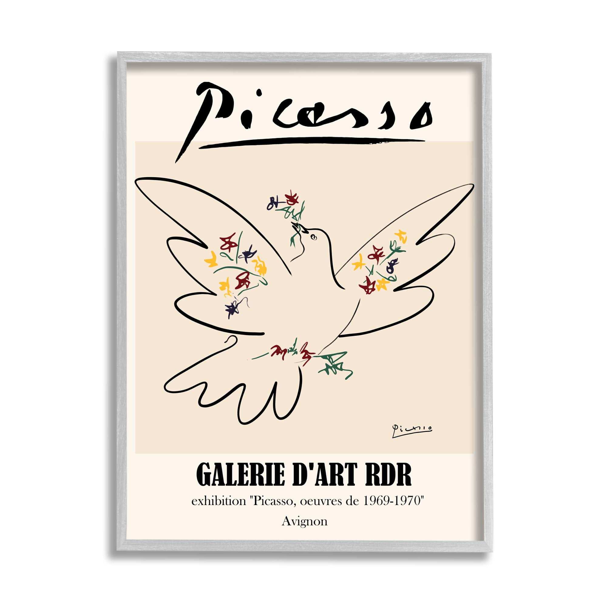 Stupell Industries Classical Abstract Picasso Peace Dove Bird Linework in Gray Frame Wall Art